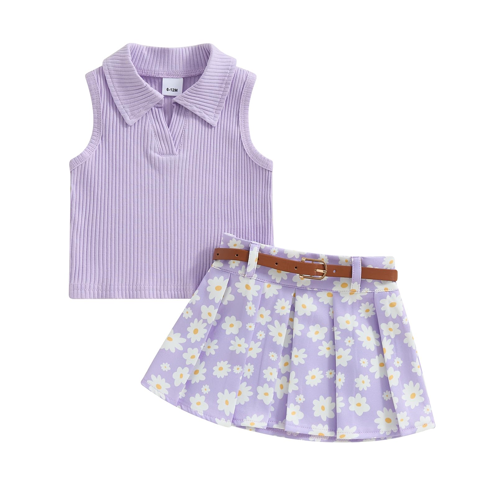 Shejingb Toddler Baby Girl Skirt Outfit Ribbed Sleeveless Tank Top Daisy Pleated Skirts Summer Clothes for Girls 1T 2T 3T 4T (Daisies Purple, 12-18 Months)