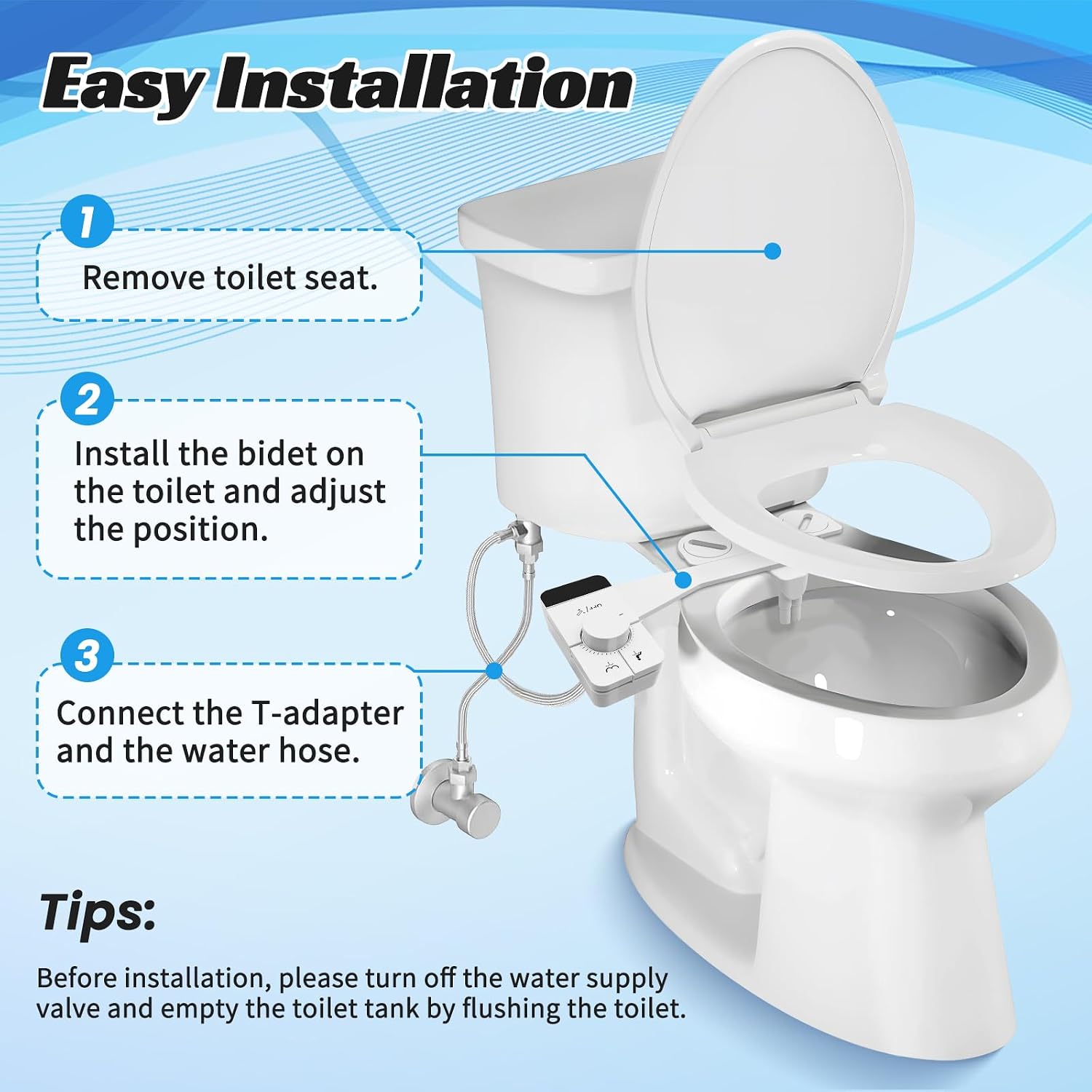Bidet Attachment for Toilet,Ultra Thin Non-Electric Bidet,Dual Self-Cleaning Nozzles, Adjustable Water Pressure, Knob Control for Water Flow & On/Off, Fits Most Standard Toilets （0.23 in）