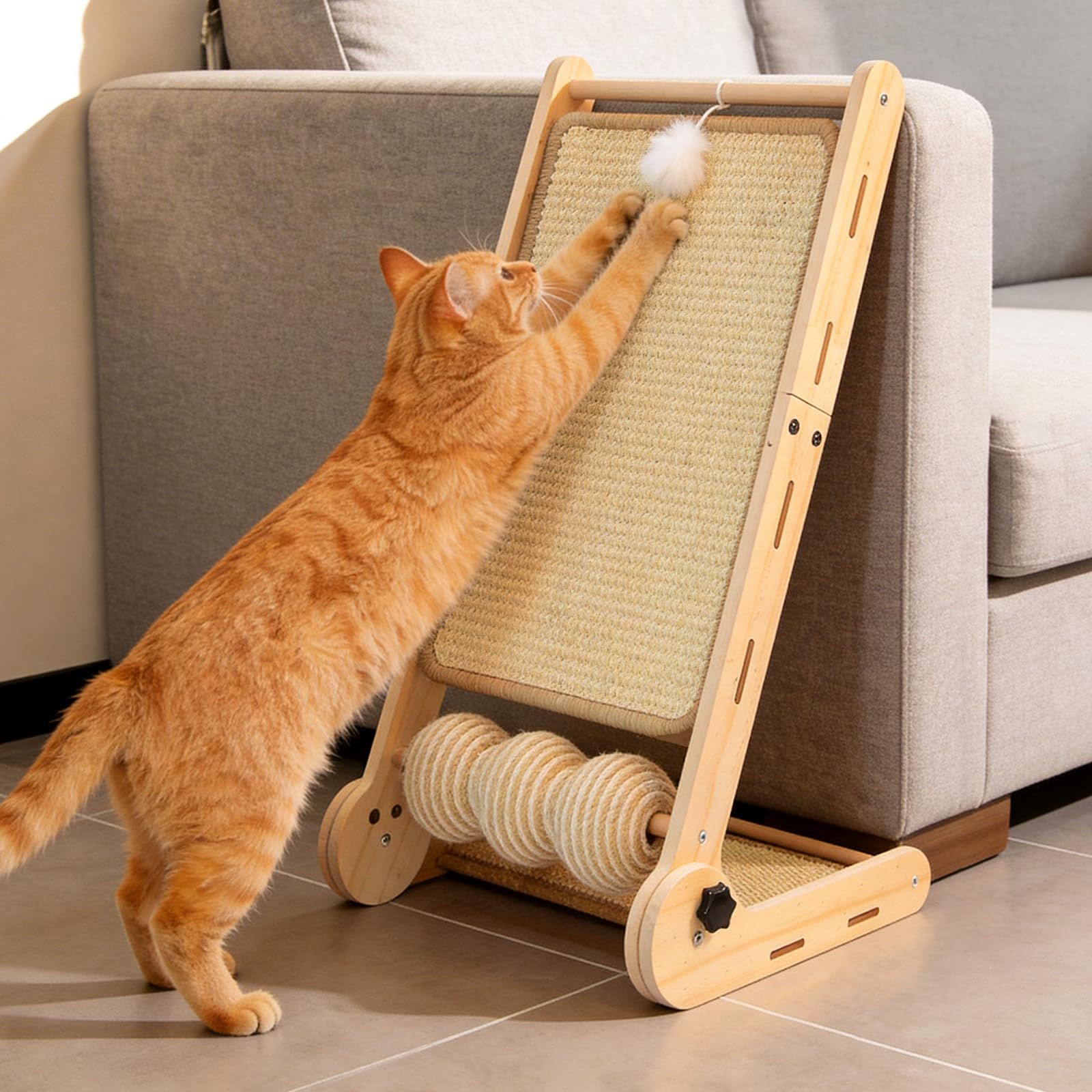 DONWEI L-Shaped Sisal Cat Scratcher, 60CM Large Cat Scratching Board, Natural Sisal Cats Scratch Mat, 3 Multiple Angles, Cats Scratching Post with Ball Toy,Anti Scratch Furniture Protector, Wood color