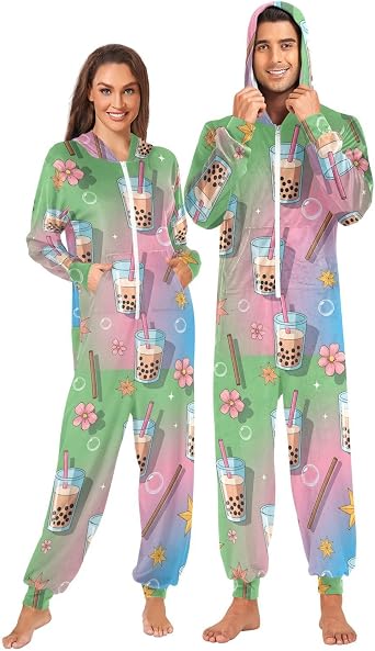 Adult Onesie Pajamas for Women Men Bubble Tea Cups Flowers Stars Costume Hooded Sleepwear Homewear