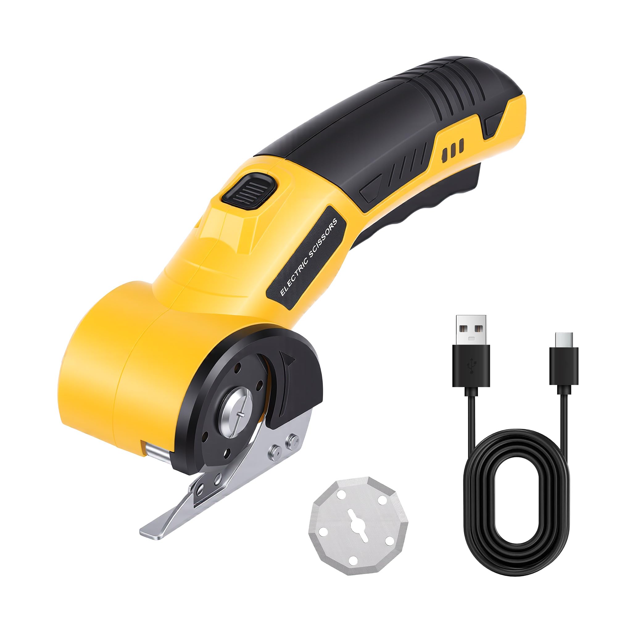 MEKOTRIN Cordless Electric Scissors Cardboard Cutter with Replace Cutting Blades, Rechargeable Box Cutter Tool with Safety Lock, Battery Indicator & LED Light, for Cutting Fabric Leather Cloth Carpet