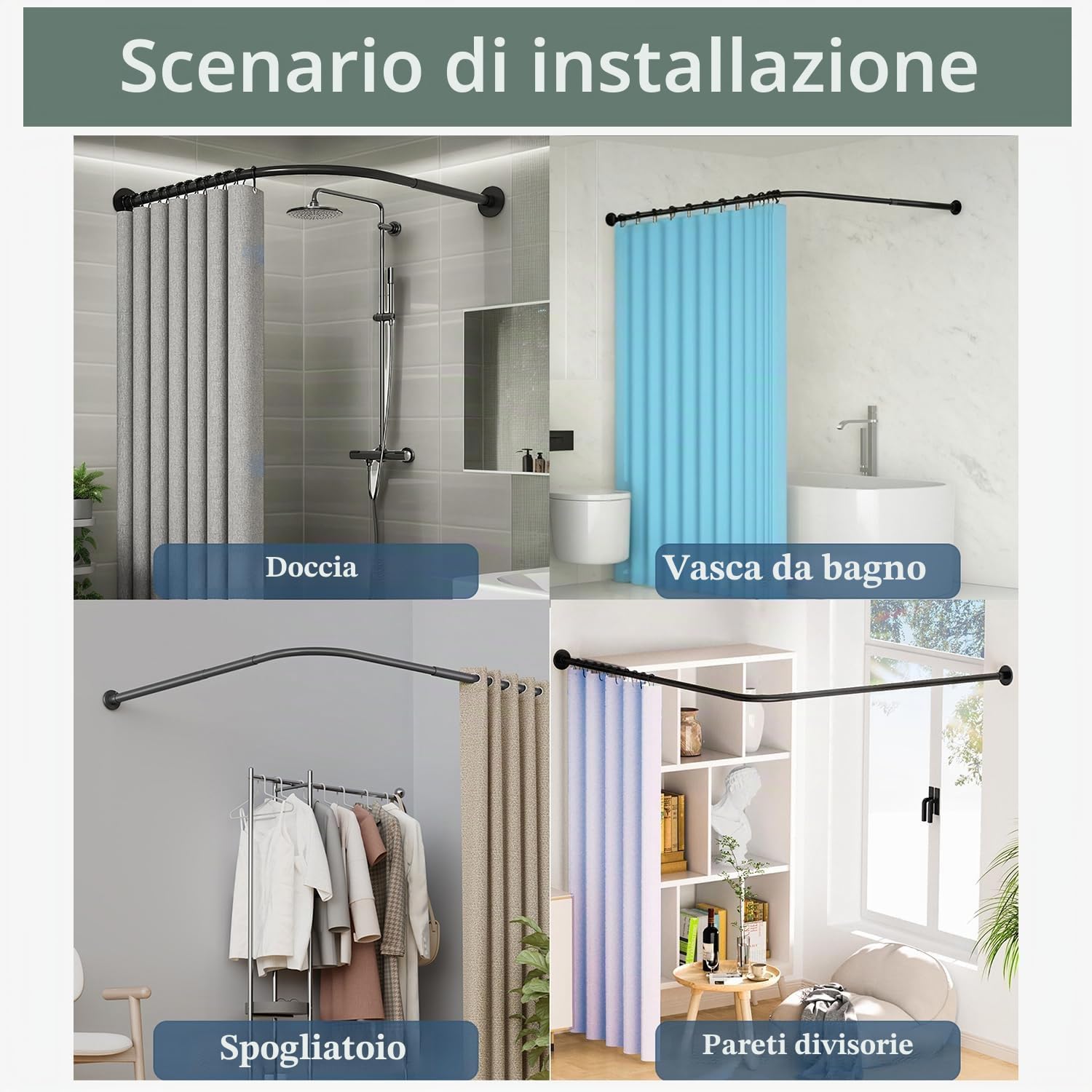 Bastone Tenda Doccia Angolare A Pressione Ad L Non Forata Asta per Tenda Doccia, Asta per Tenda da Doccia Estensibile Acciaio Inox Palo Telescopico Barra di Tensione per Bagno70 to 95cm x 90 to 130cm