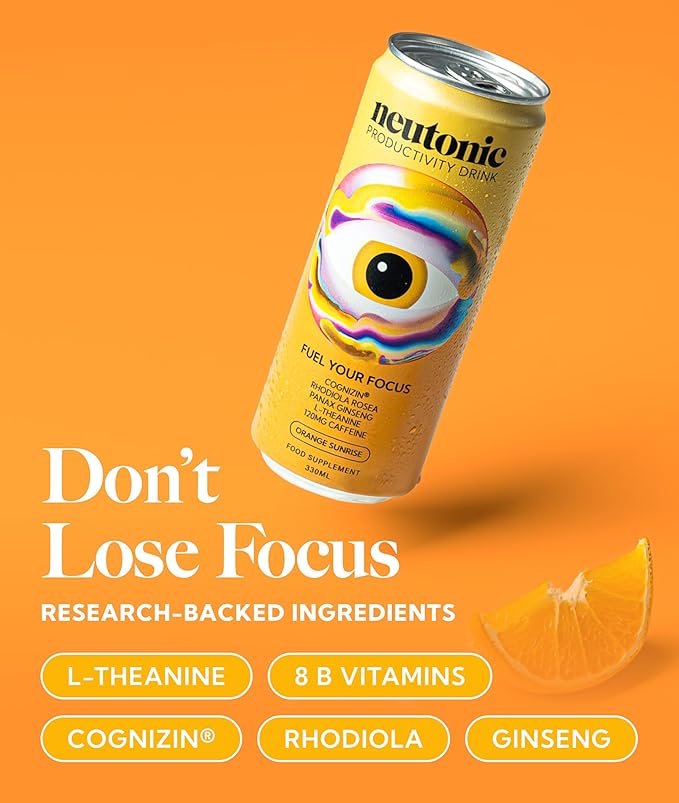 Neutonic Nootropic Productivity Energy Drink | Orange Sunrise 12 Cans | 120mg Natural Caffeine, Zero Sugar | Support Memory, Mental Clarity, Cognitive Function | Boost Focus, Energy, Brain Health