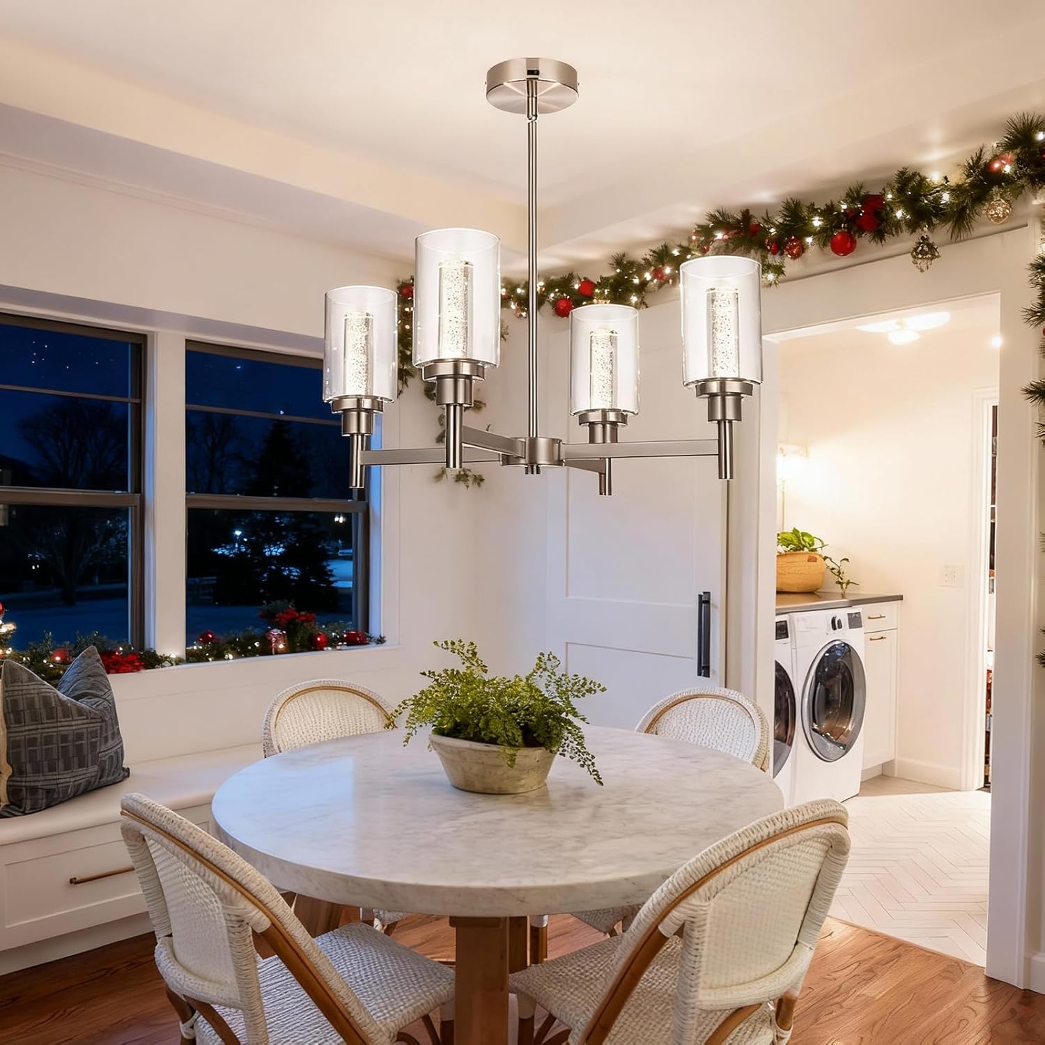 VINLUZ LED 4-Light Brushed Nickel Chandelier for Dining Room, Modern Farmhouse Chandelier with Clear Bubble Crystal Glass Shades, Ceiling Pendant Light with Adjustable Swivel Heads for Kitchen Hallway