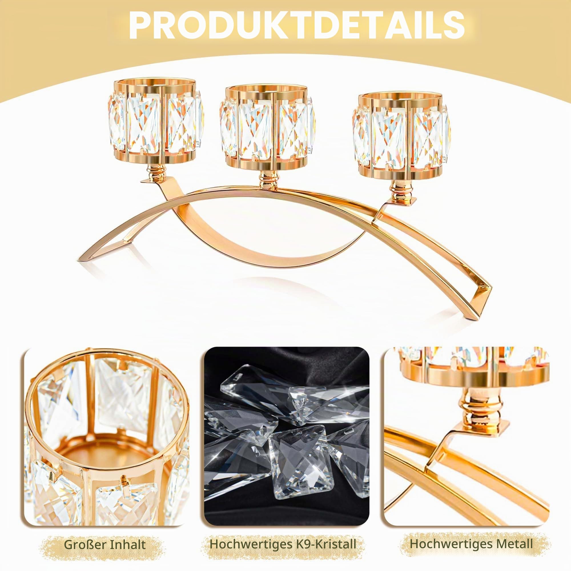 Teelichthalter mit 3 Armen, Kristallschale, Kerzenständer, Kerzenhalter, Hochzeitsmittelaufsätze für Tische, Kristallkerzenständer, Tafelaufsatz, Tischdekoration (Gold)