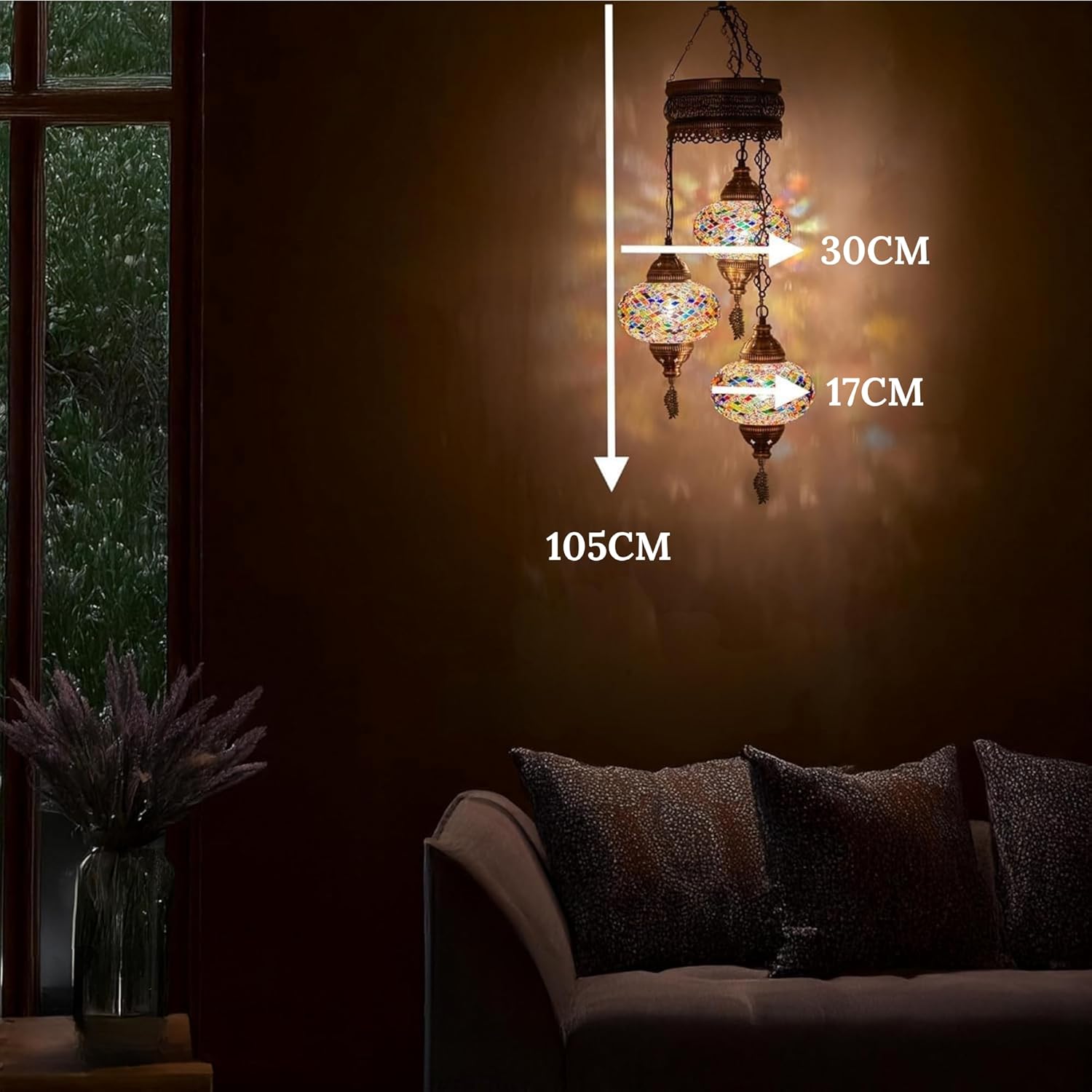 DEMMEX 3-Globe Turkish Mosaic Hard-Wired Chandelier, Handmade Moroccan Hanging Ceiling Lamp, Bohemian Decorative Pendant Light for Living Room, Bedroom, 3.5 ft, Blues