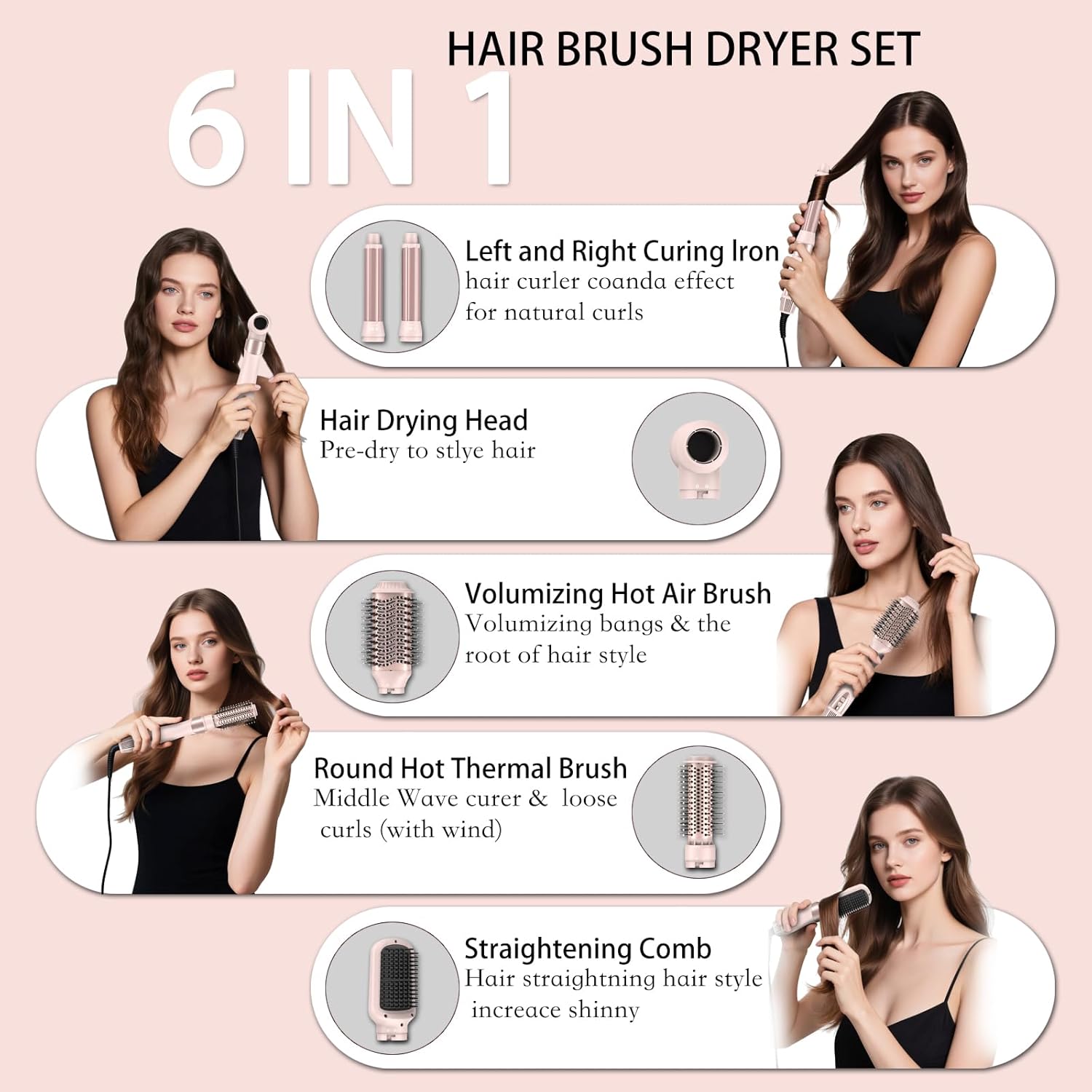 6 in 1 Hot Air Wrap Hair Styler - 110,000 RPM High-Speed Hair Dryer Brush with Auto Curlers, Fast Drying & Frizz-Free Styling, No Heat Damage, Volumizing and Hot Thermal Brush with Travel Bag for Curling Volumizing Straightening Styling - Image 3