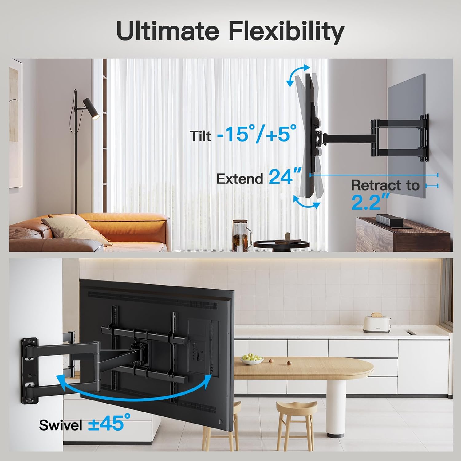 Diagram showing tilt, swivel, and extension adjustments of the TV mount.