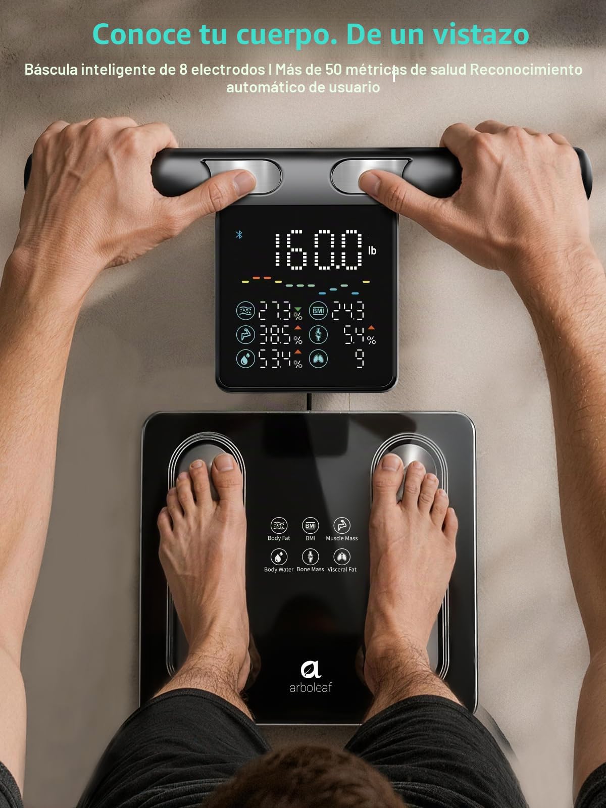 arboleaf Báscula Inteligente Bioimpedancia con 8 Electrodos, Monitor Preciso de IMC, Bascula Grasa Corporal y Masa Muscular con 50 Métricas y Pantalla en el Mango