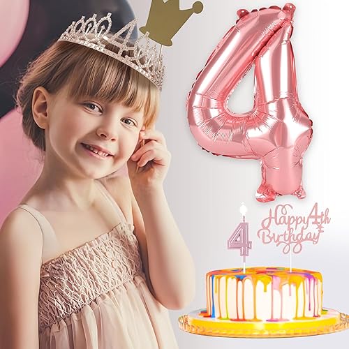 Miniatura 2 de Decoraciones de 4 cumpleaños para niñas, incluyendo banda de cumpleaños de 4, tiara de corona de diamantes de imitación de oro rosa, decoración de