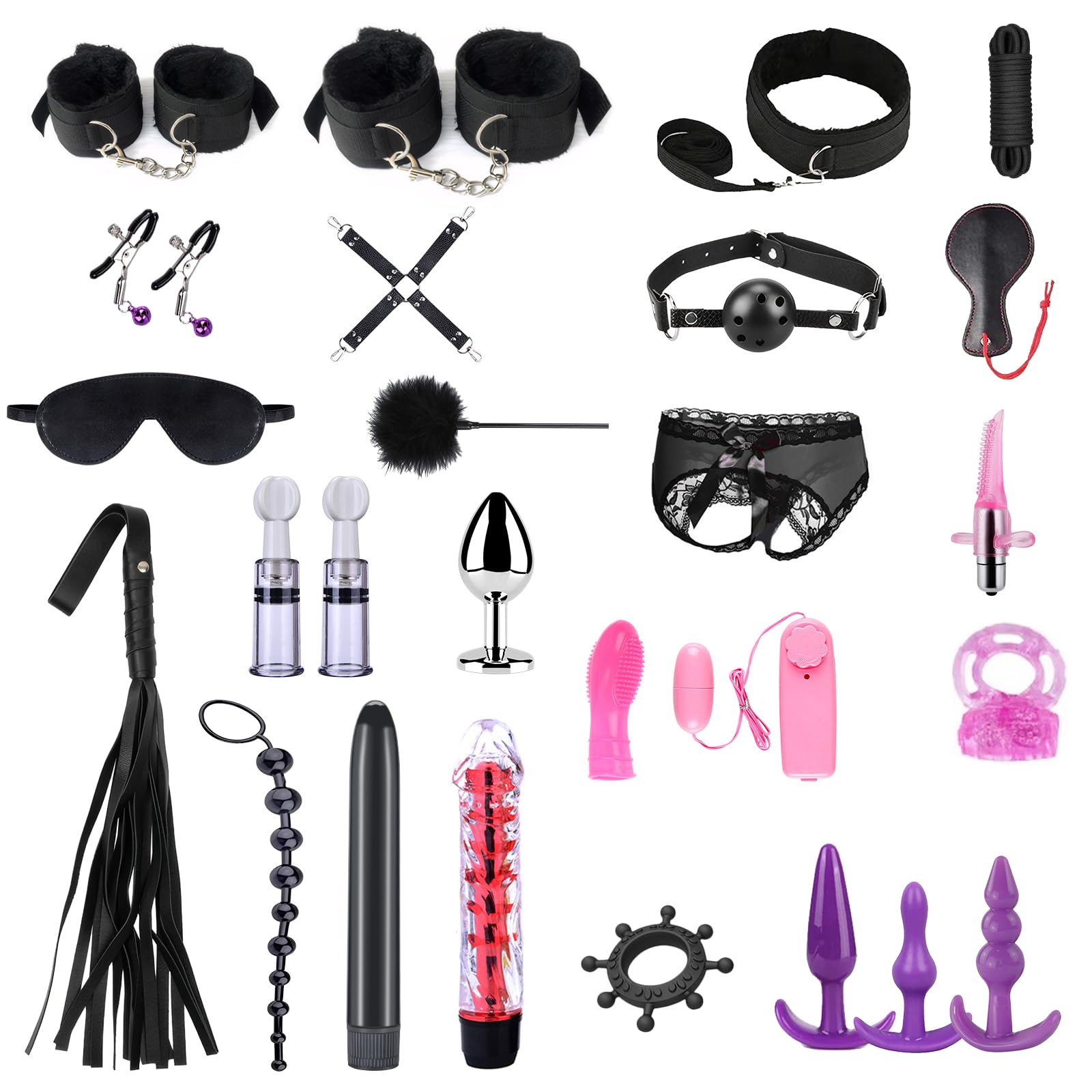 Kit de bondage SM Oziral de 26 piezas juego de bondage para cama BDSM juguetes sexuales para parejas juego BDSM para principiantes accesorios para mujeres con tapón anal juego sexual para pareja Negro