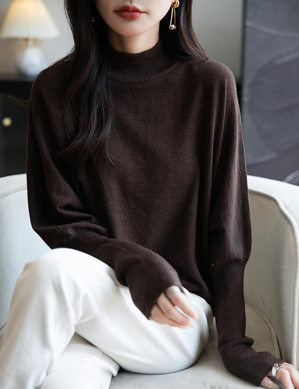 Women's Merino Wool Blend Oversized Sweater 2025 Fall Winter Fashion Mock Neck Batwing Sleeve Knit Pullover Sweater - Image 3