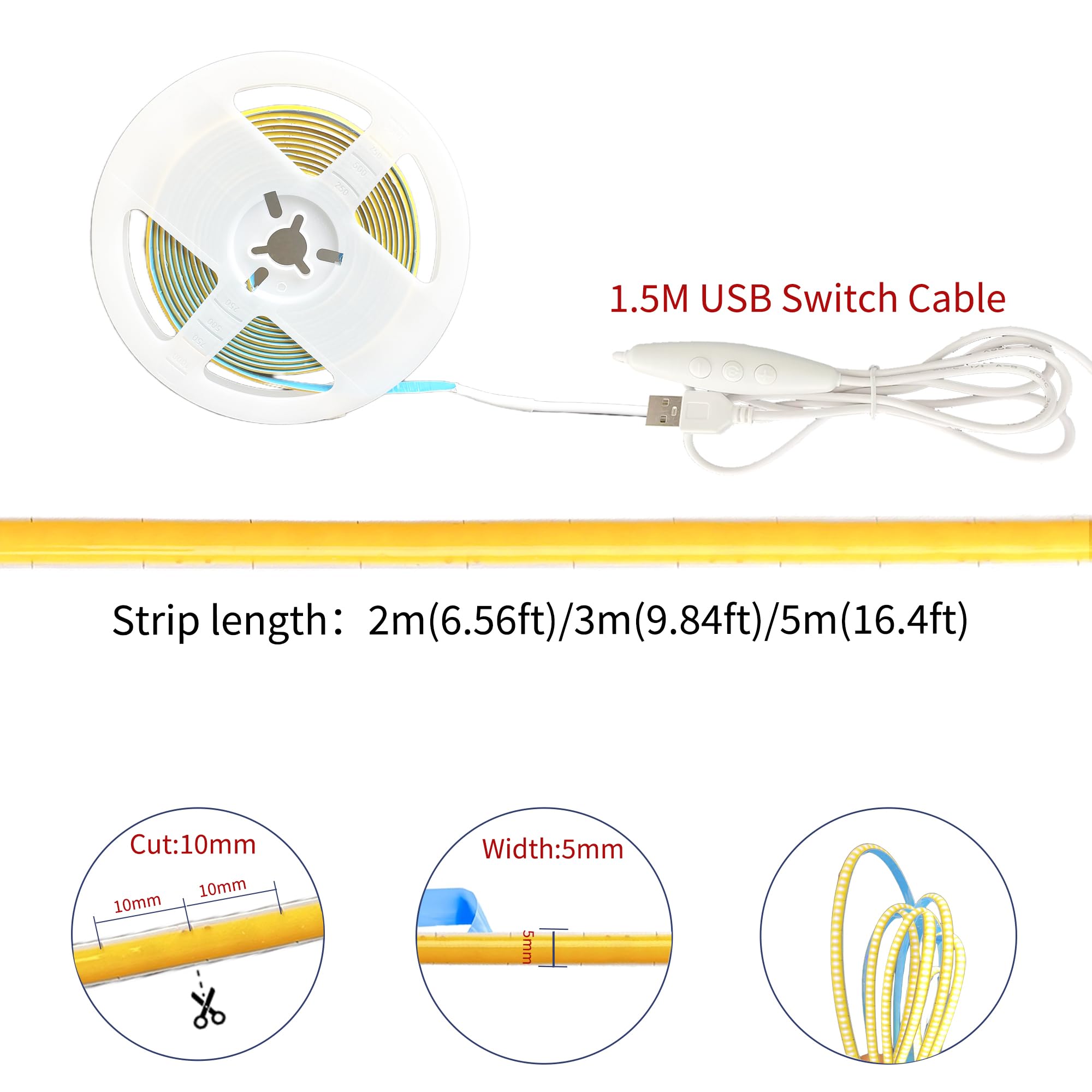 Clearhill 5V USB COB LED Strip Lights with Dimmable Switch,16.4FT/5M,Warm White 3000K,400LEDs/M,5mm Width,Not Waterproof IP20,1.5M USB Switch Cable,for DIY Home Indoor Decoration - Image 4