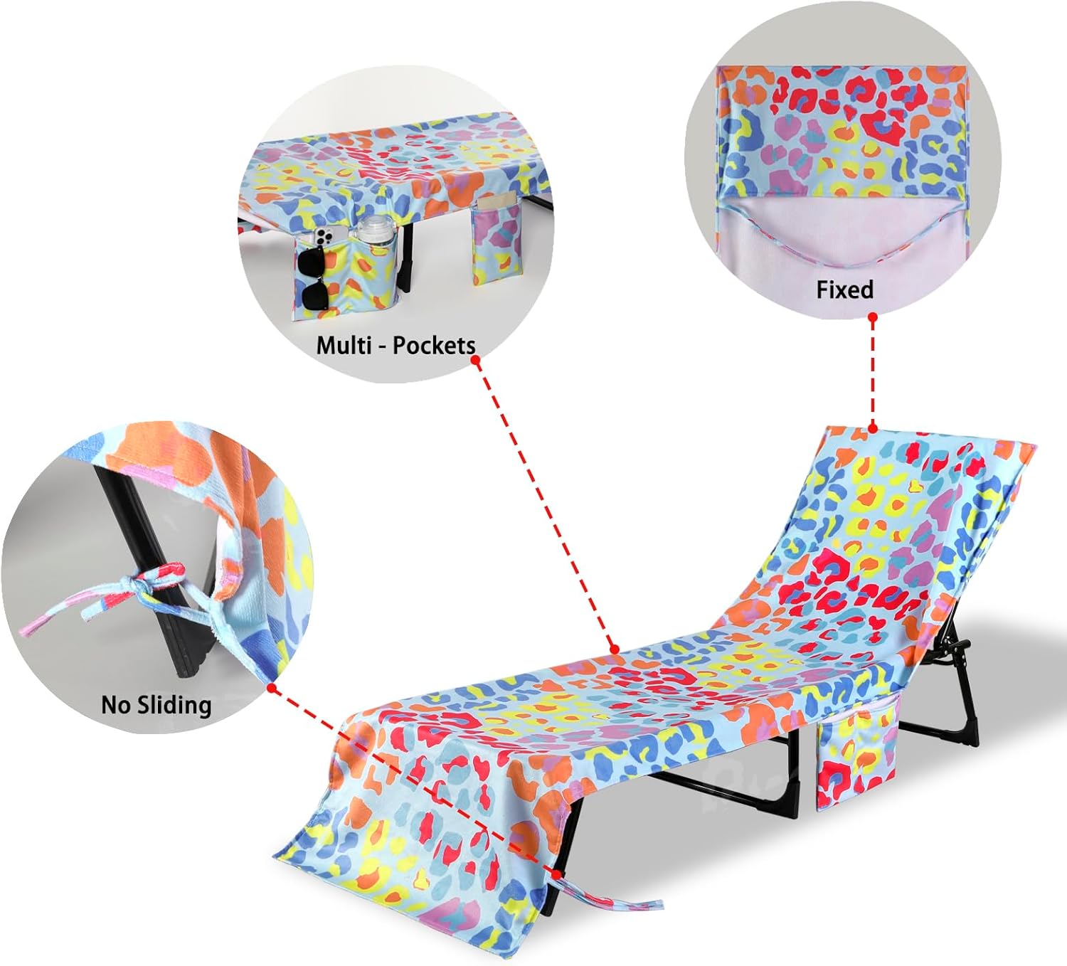 Beach Lounge Chair Towel Cover,Soft Microfiber Chaise Lounge Towel Cover Patio Pool Chairs Cover with Side Pockets,80" x 26" Chair Cover for Beach/Pool Sunbathing (Colorful Leopard)