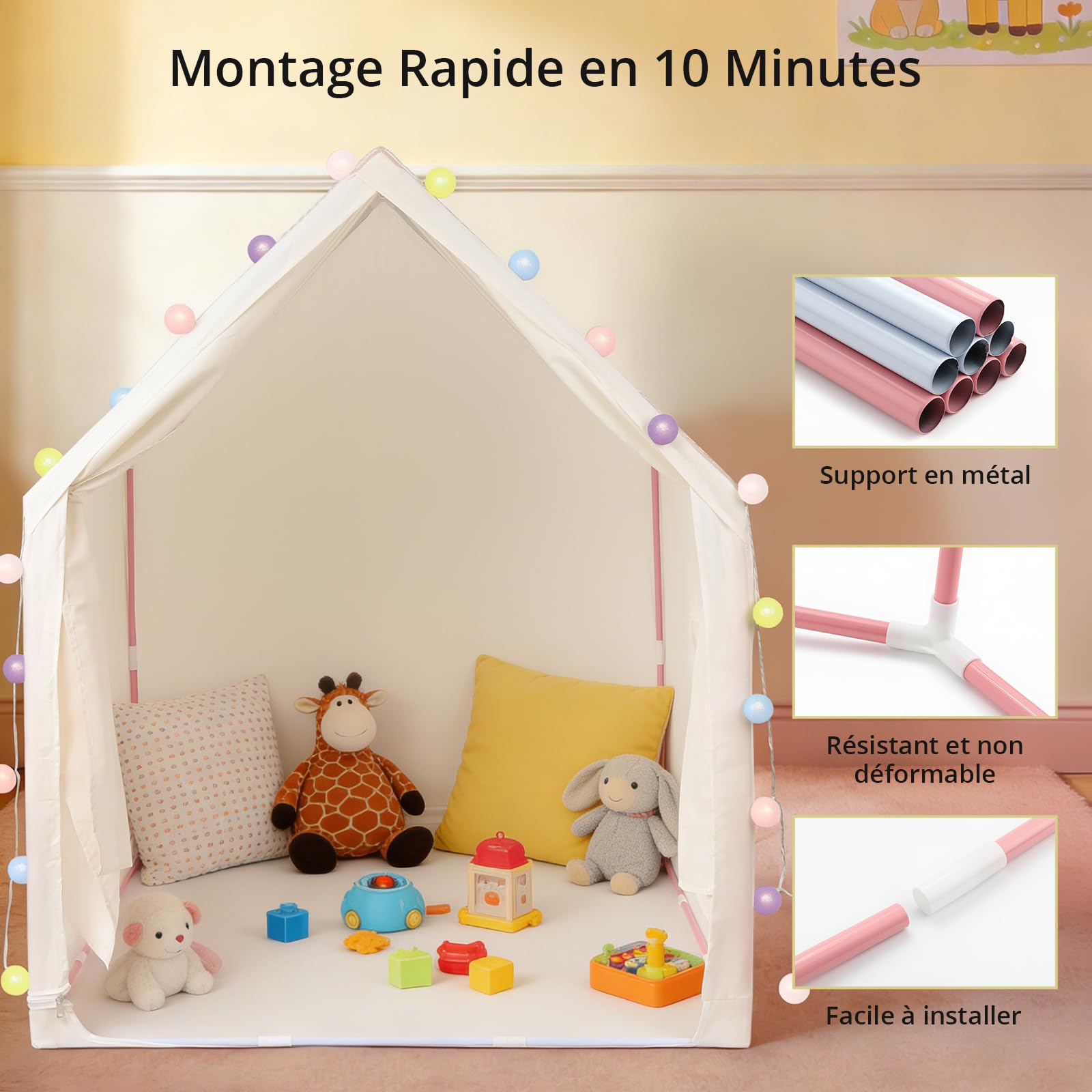 Anbte Tente de Jeu pour Enfants, Rayure Rose, pour Tout-Petits dès 3 Ans | Spacieuse et Portable, Montage Facile, Maison de Jeu Filles et Garçons Intérieur et Extérieur, avec Lumière