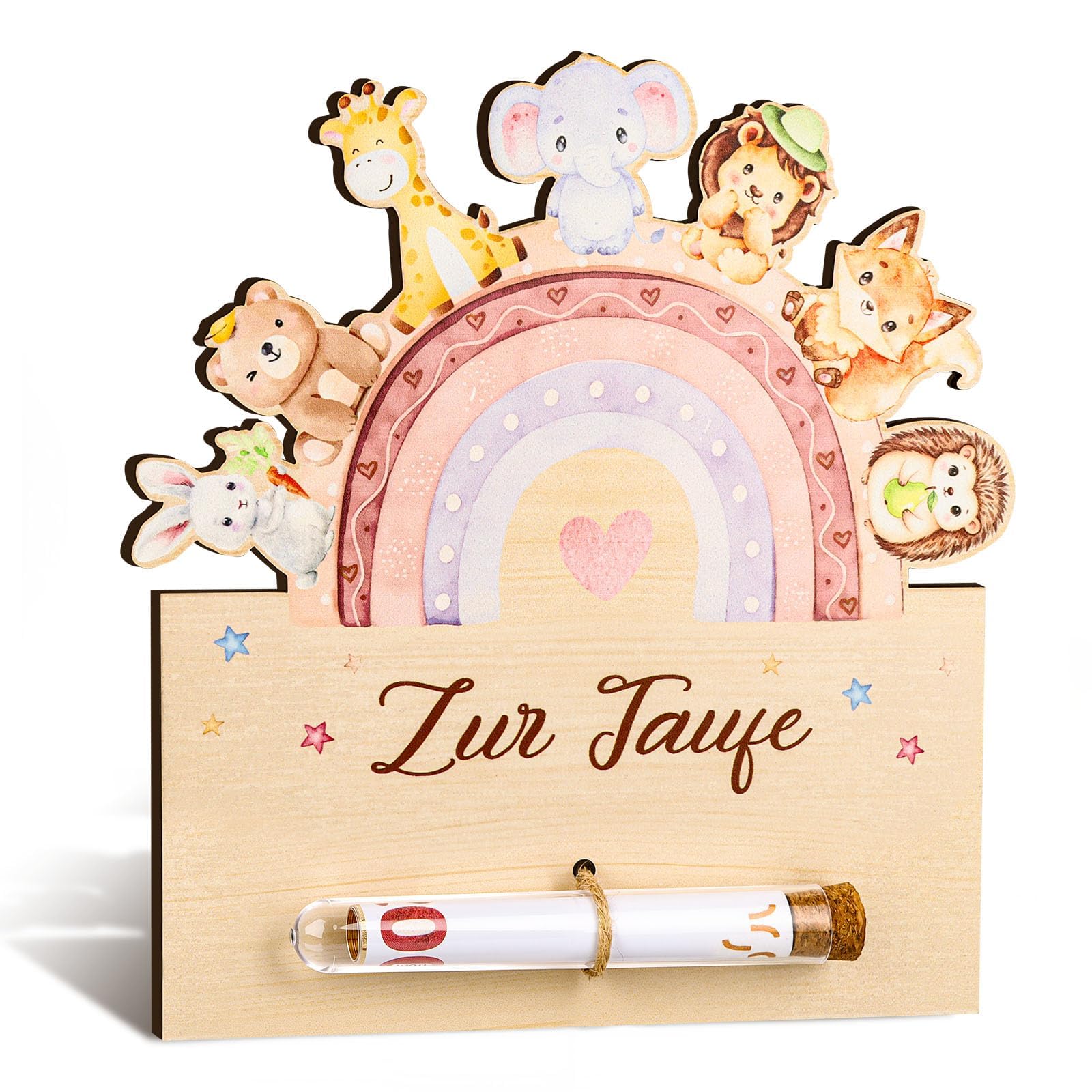 Giftota Geldgeschenk Taufe, Taufgeschenk aus Holz mit Reagenzglas für Geldschein, Holz Aufsteller Zur Taufe mit Regenbogen und Tieren, Geschenk zurTaufe für Junge & Mädchen, Baby Geschenk