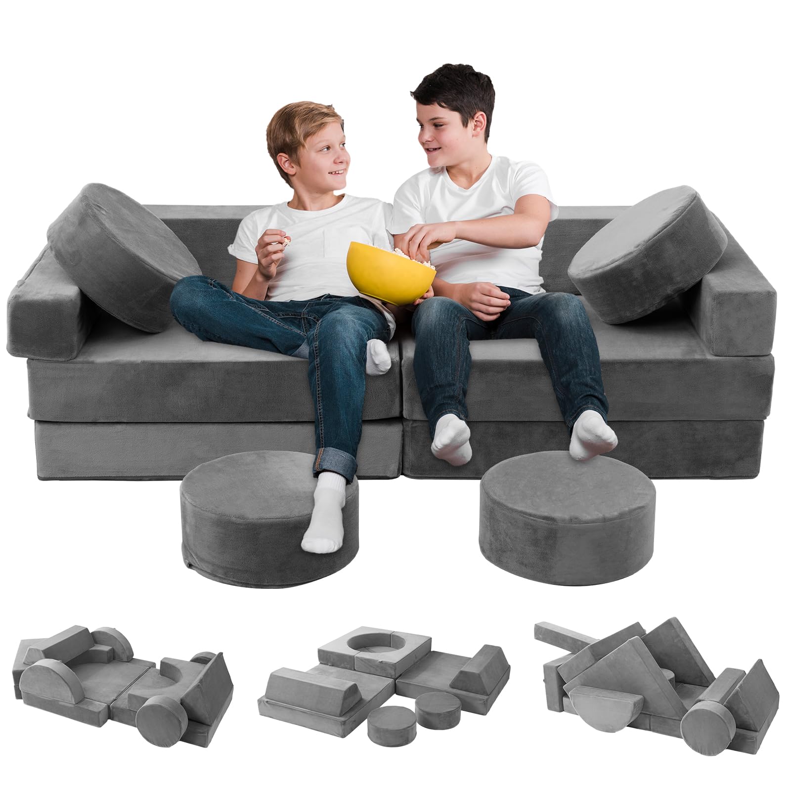 HOMFINE 16pcs Modular Kids Play Couch - Kids Couch Toddler Couch,Child Sectional Sofa, Fortplay Bedroom and Playroom Furniture for Toddlers,Convertible Foam and Floor Cushion for Boys and Girls,Grey