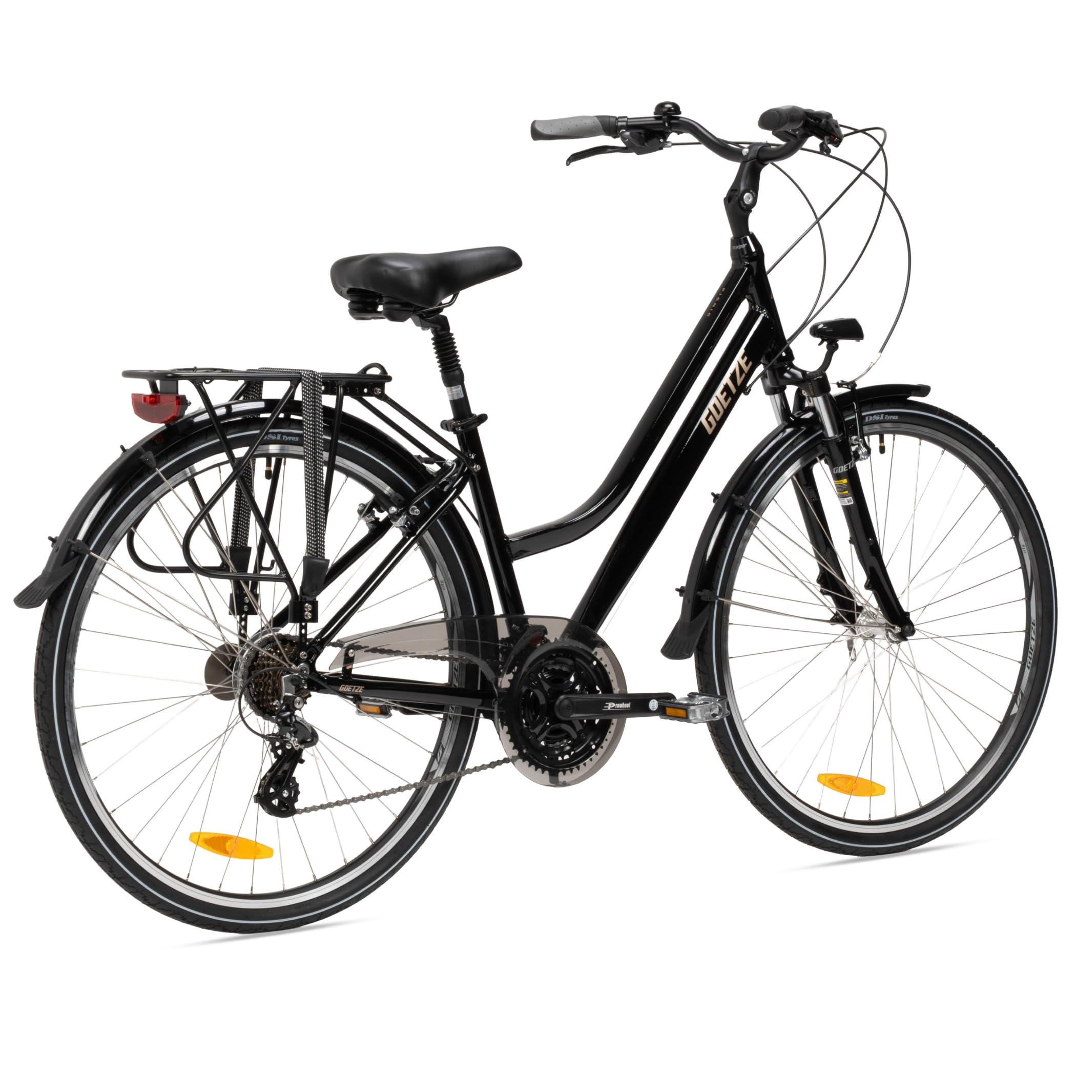 Goetze Picnic 28 Zoll Damen Trekkingrad, Aluminium Rahmen 17/19 Zoll, Shimano 21-Gang Schaltung, Federgabel, Verstellbarer Vorbau, Gefederte Sattelstütze, LED-Beleuchtung, Gepäckträger