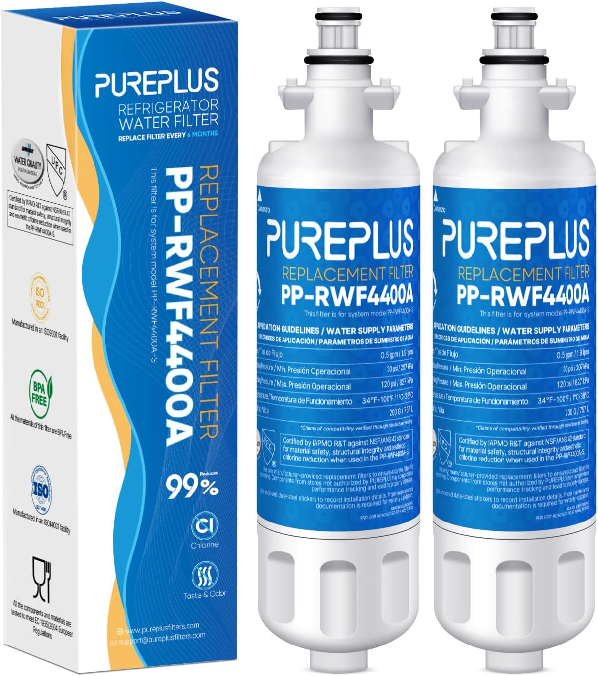 PUREPLUS 4874960100 Replacement for Blomberg Beko 4877880200, 487960200, 4874960100WF, KFD9952PXD, BFFD3624SS, BRFD2230SS, BRFD2650SS Refrigerator Water Filter, Reduces Chlorine Taste & Odor, 2Pack
