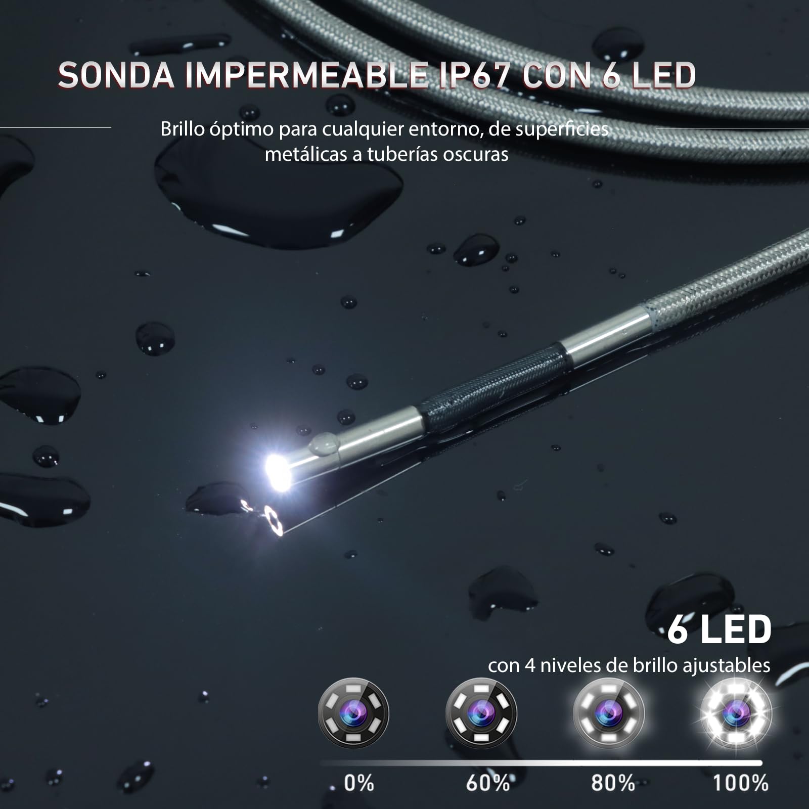 Ralcam Cámara Endoscópica con Luz, Cabezal Giratorio de 210°, Sonda de 3.9 mm, Pantalla HD de 5", IP67 Impermeable, Cable de Acero 1,5 m, Cámara de Inspección para Coche, Tuberías y Hogar