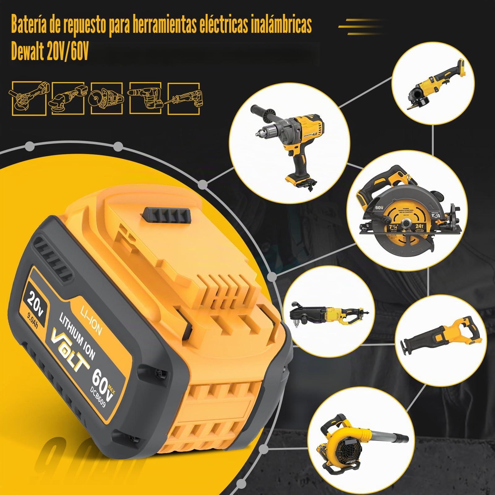 2 baterías FlexVolt XR de 20 V/60 V 9000 mAh para Dewalt DCB609 DCB606 DCB612 DCB184 DCB546 DCB200 DCB201 DCB182 compatible con herramientas eléctricas inalámbricas de 18 V, batería de iones de litio