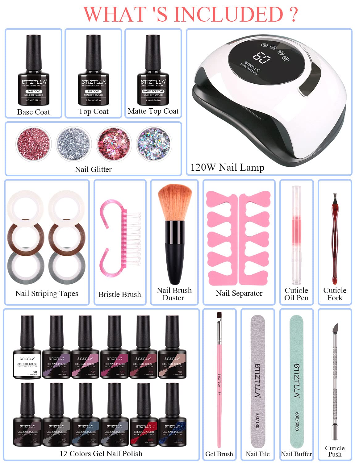 Btiztlla Gel Nail Polish Kit with UV Light 120W Nail Dryer, 12 Colors White Nude Glitter Gel Nail Polish Set, UV LED Nail Lamp, No Wipe Base Top Coat, Nail Art Decorations, Manicure Tools Starter Kit : Beauty & Personal Care