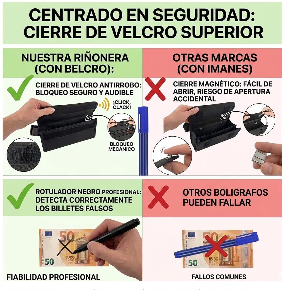️ Cartera Dispensador de Monedas y Billetes + Bolígrafo Detector Billetes Falsos - Riñonera Camarero y Dispensador de Monedas para Taxi, Camareros, Vendedores (Negro + Riñonera)