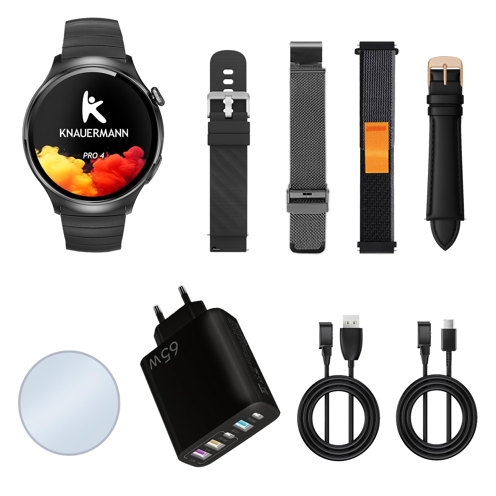Knauermann PRO 4 EKG-Gesundheitsuhr mit Telefonfunktion – Smartwatch in Schwarz – Puls, Blutdruck, Blutsauerstoff, HRV, Schlafanalyse – Für Damen und Herren – Premium-Set mit 5 Armbändern Schwarz