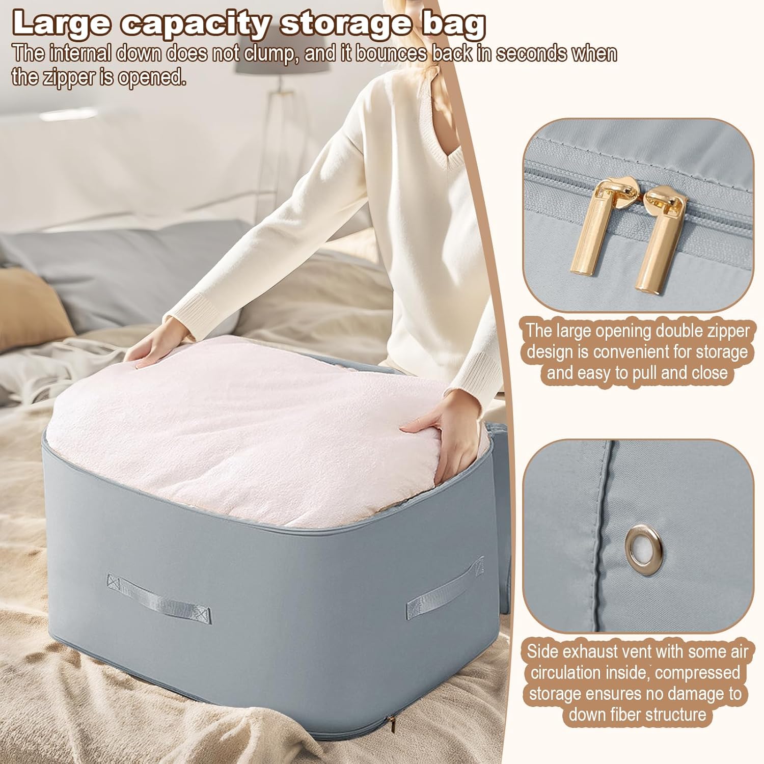 Ultra Space Saving Self Compression Organizer, Portable Space Saver Storage Packing Bags, Blanket & Quilt Compression Storage Bag for Comforters, Blankets, Bedding (Gray)