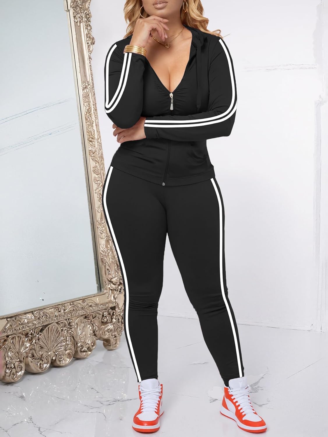 Women 2 Piece Outfits Casual Workout Sets Striped Bodycon Tracksuit Zip Up Long Sleeve Hoodle Jacket Jogger Pant Set - Image 3