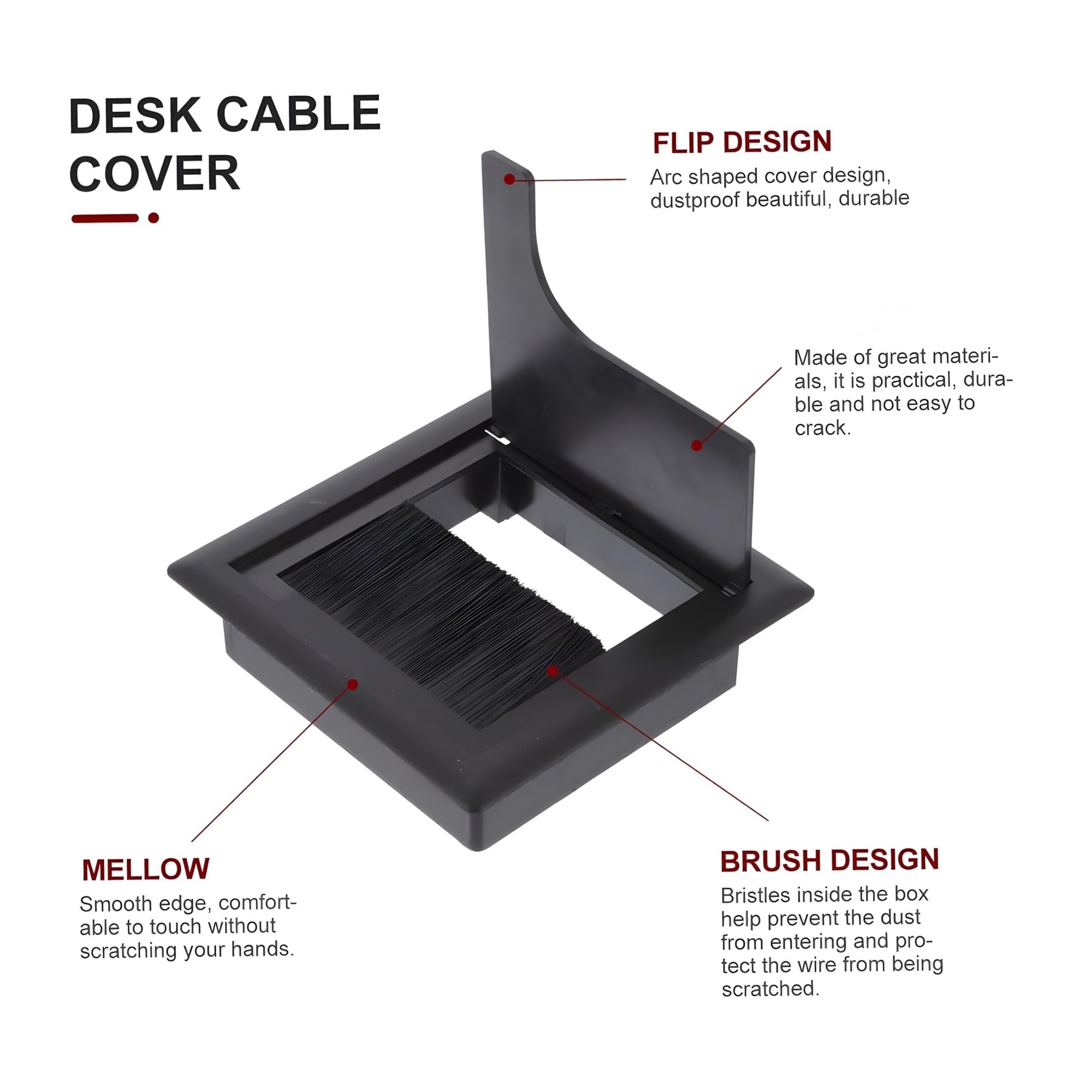 24x7 eMall 8 Cm Aluminum Office Desk Wire Cable Hole Cover with Dust Proof Brushes for Computers Work Rectangular Metal Organizer Stylish Desk Accessory Wire Manager Concealed. 80 mm x 80 mm Black 1