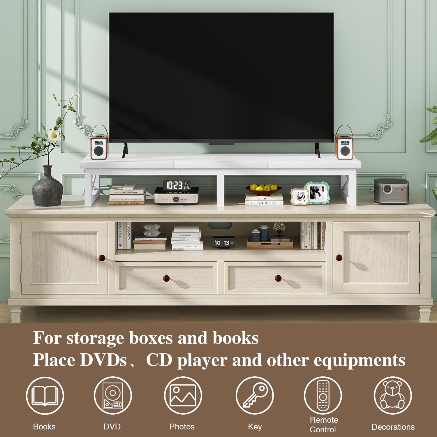 IBUYKE TV-Schrank Tisch,Fernsehtisch, 114 cm, mit 2 Lagerung,Tischplatte Kurzer TV-Ständer, für Fernseher bis zu 60 Zoll, Wohnzimmer, Esszimmer und Schlafzimmer,Weiß TVT002W