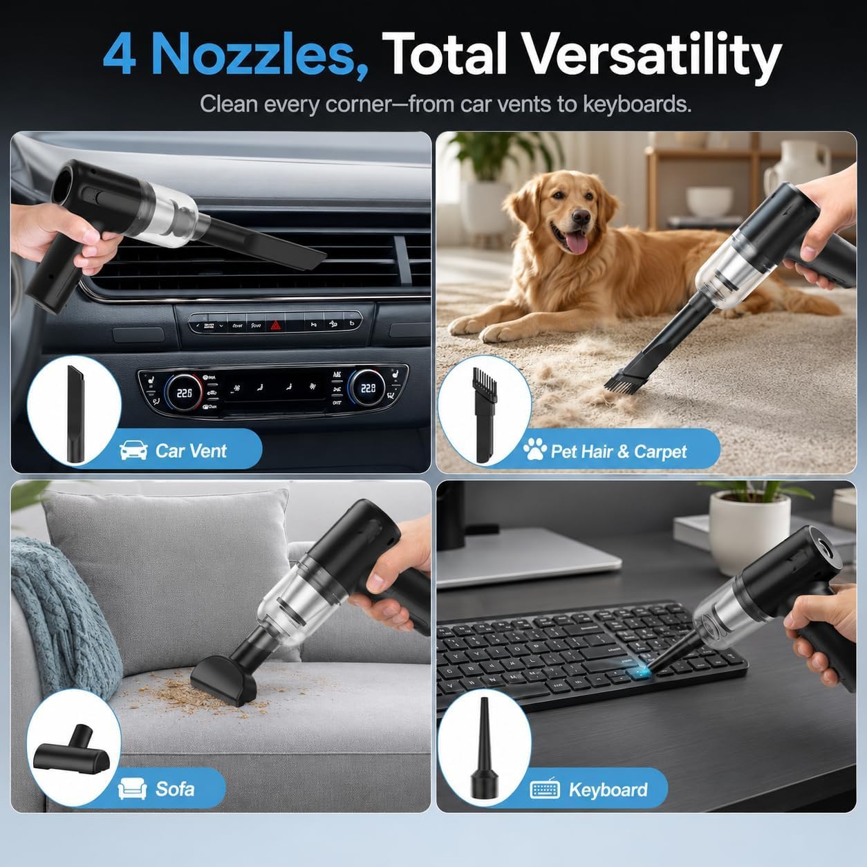 SCOVEE Aspiradora de Mano Recargable 22000PA 4-en-1 Portátil Mini Ligera