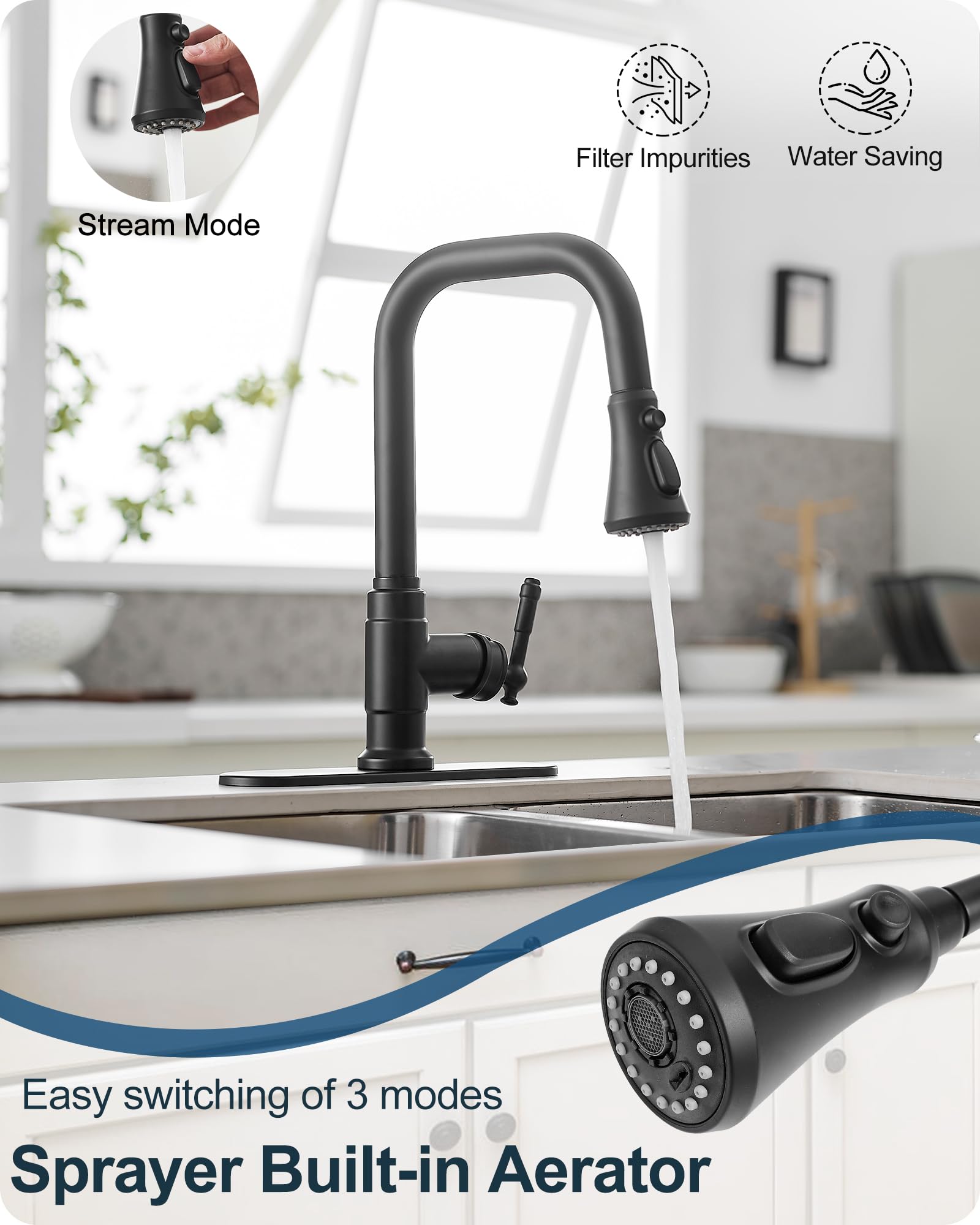 Grifo de fregadero de cocina negro de 3 funciones, grifos de cocina con pulverizador extraíble, grifo de cocina giratorio de 360 grados, grifo de cocina de 3 agujeros, grifo de cocina de un