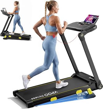 YPOO 16% Incline Walking Pad Treadmills with Handles, Under Desk Treadmills for Home Office, 6.2MPH Quiet Foldable Walking Pad with RGB Light, 330LBS Capacity