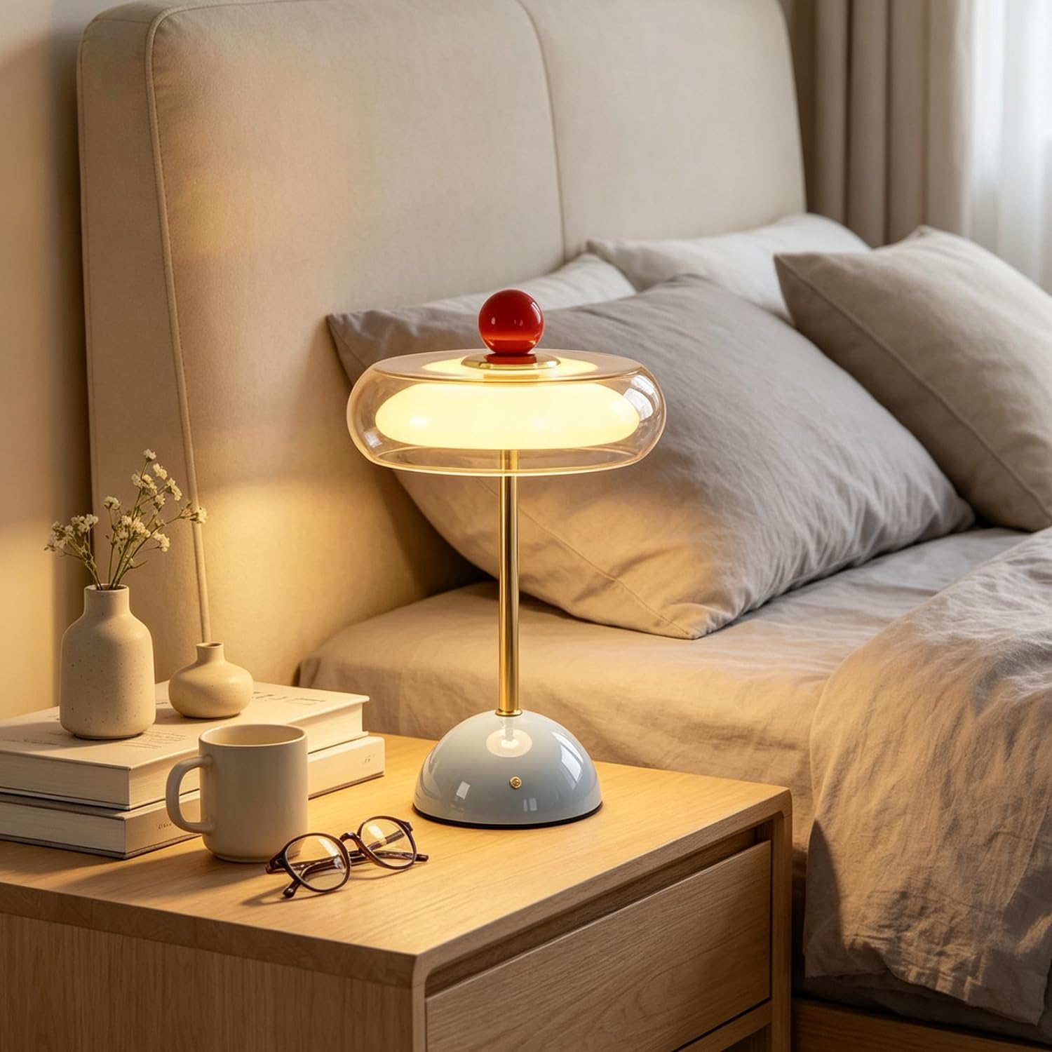 Lámpara de Mesa LED Inalámbrica Lámpara con Forma de Seta Batería Recargable USB Lámpara de Mesita de Noche Lámpara que Funciona con Pilas Lámpara Táctil Lámpara Decorativa Para el Dormitorio,Azul