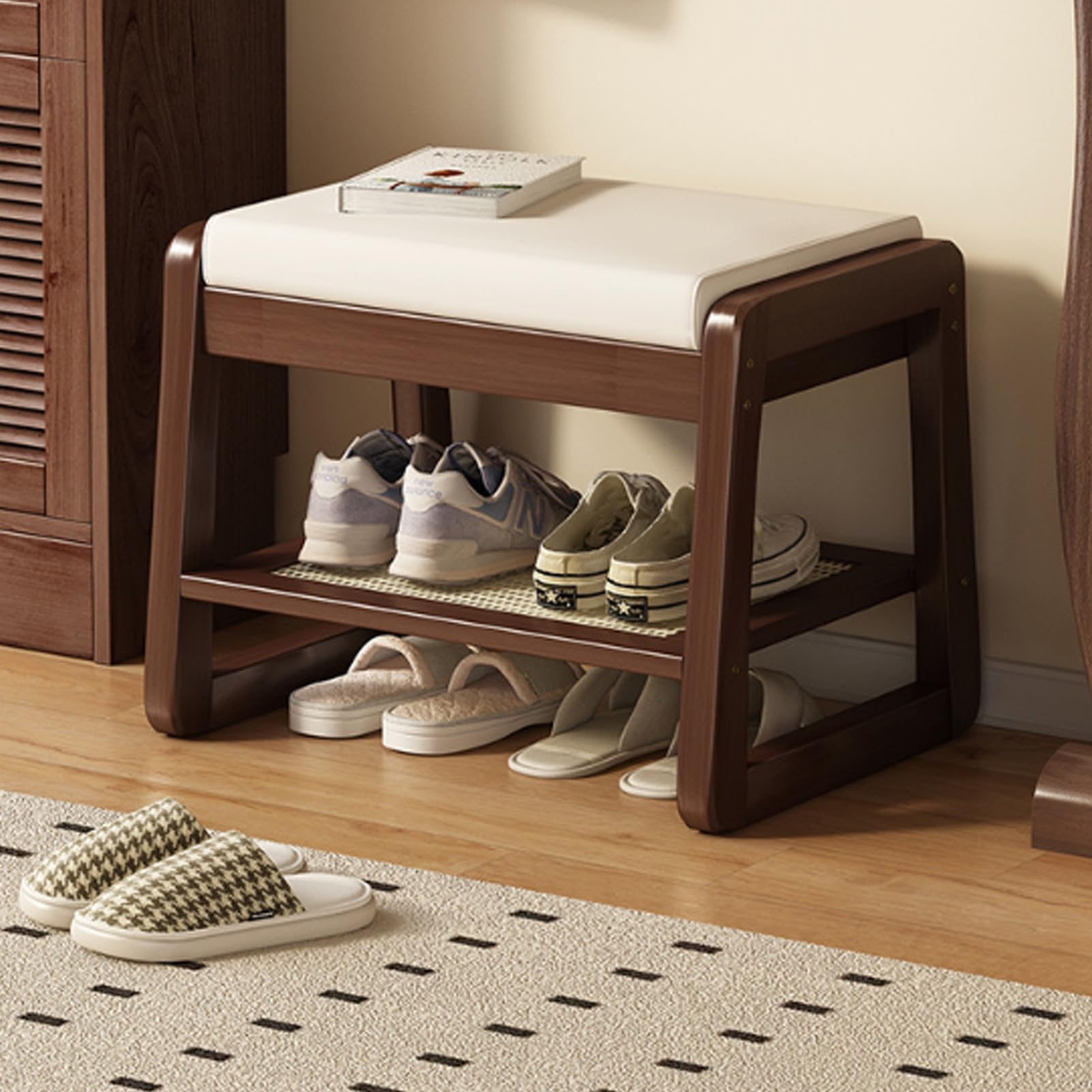 WJFTODAY Waterproof Rubberwood Shoe Bench with Leather Cushion Easy Clean Stylish Shoe Rack for Entryway Hallway Mudroom Walnut Finish 50cm/19.6in