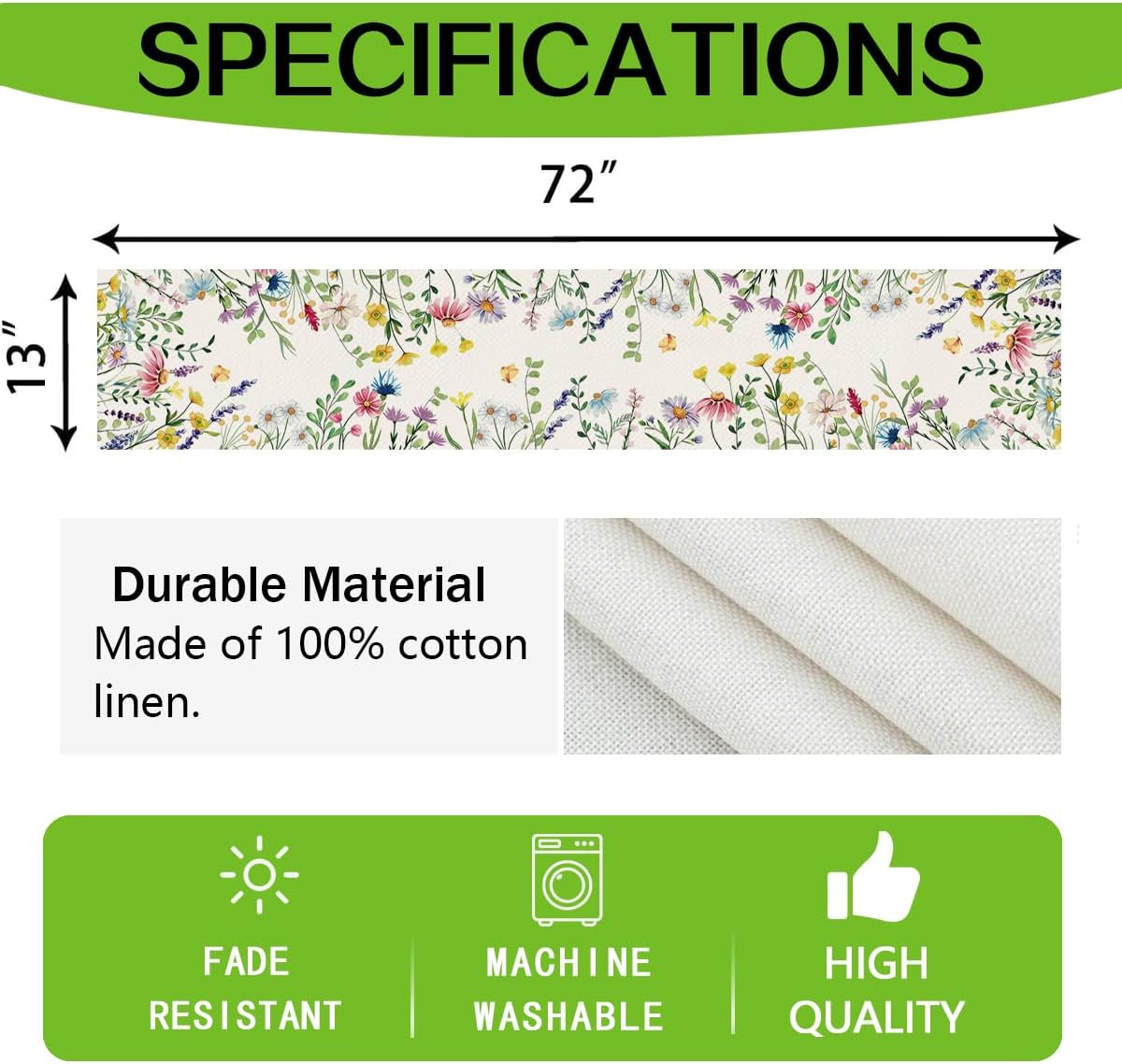 RABUSOFA Lavender Daisy Floral Summer Table Runner,Seasonal Spring Kitchen Dining Table Summer Decorations for Home Party Decor 13x72 Inch