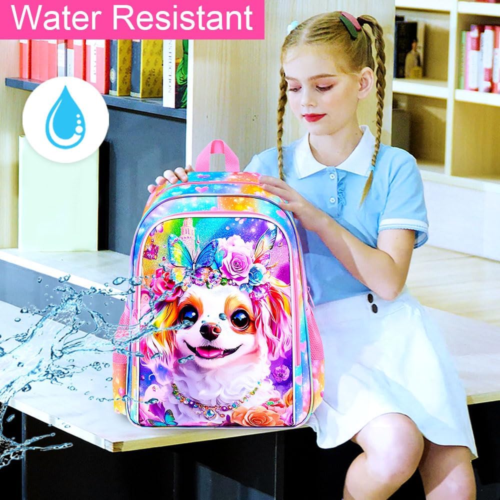 HPJGD 3PCS Girls Dog Backpack, Water Resistant Kids Bookbag Set with Lunch Box, Cute Elementary School Bag for Preschool Toddler - Diamond Dog