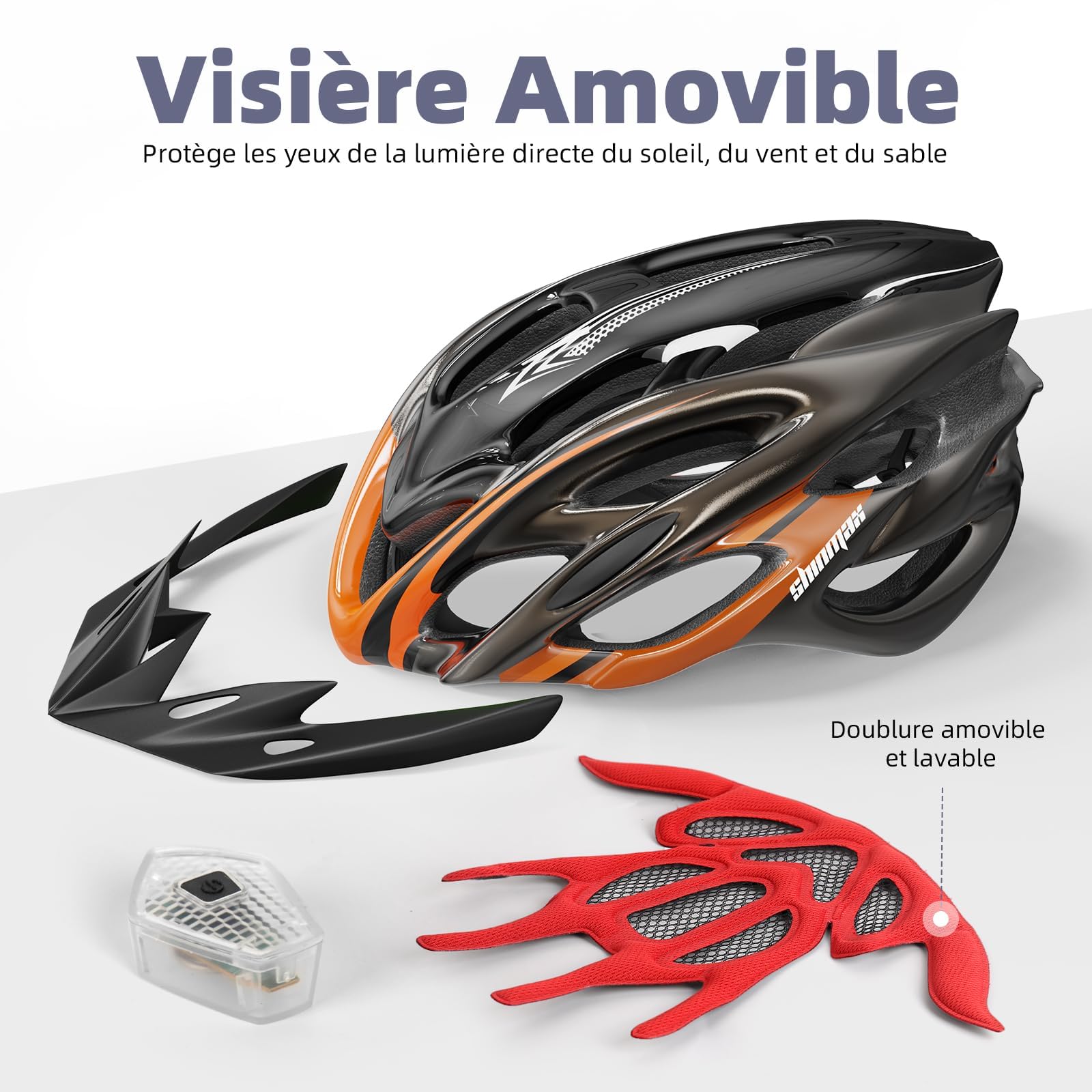 Shinmax Casque Velo Homme Femme Casque Vélo avec LED Lampe de Sécurité Protection Casque VTT et VTC avec Visière Amovible pour Adultes Casque Cyclisme pour Montagne Route Réglable Taille