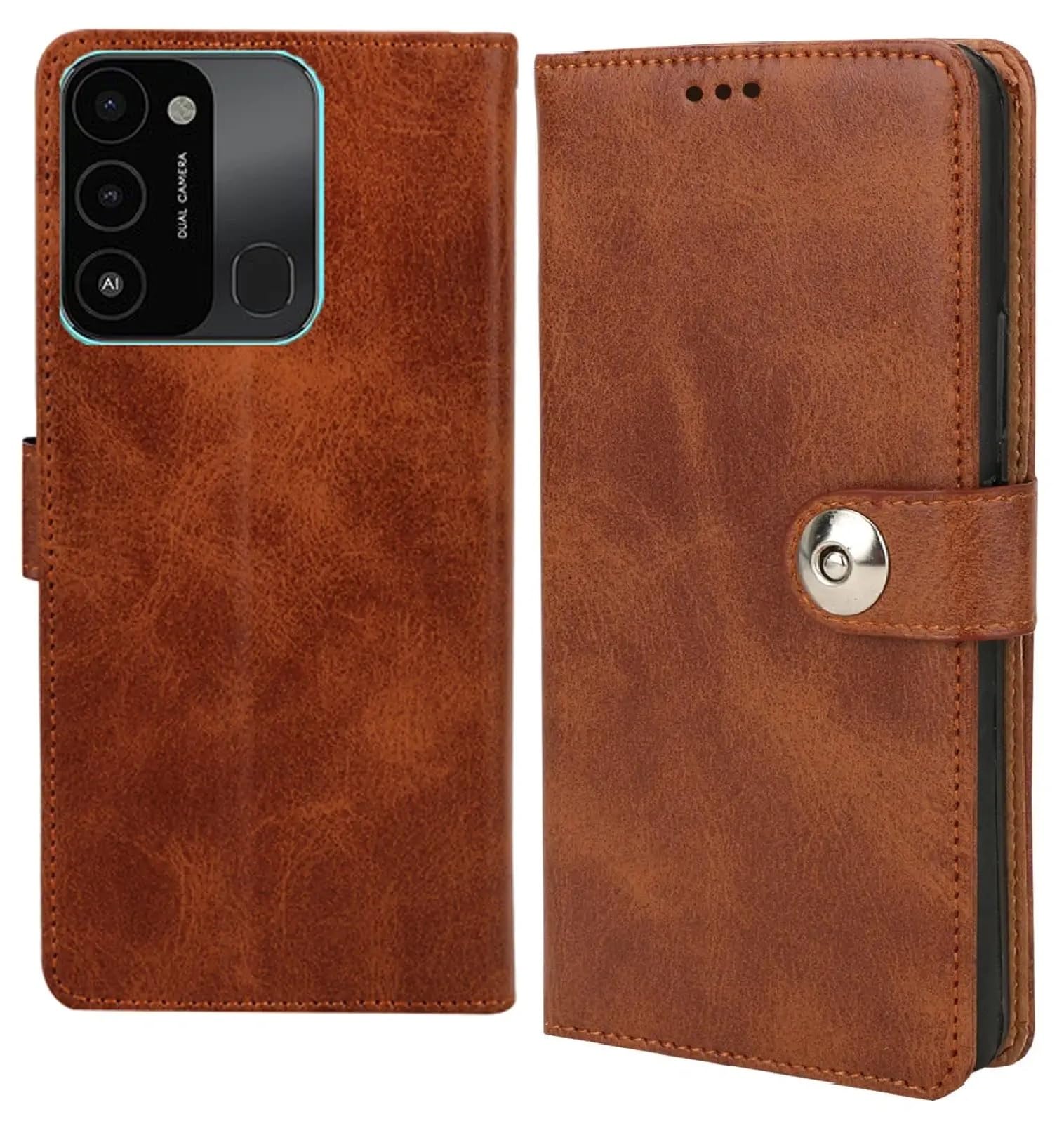 LOOPEE® Flip Back Cover Case | Genuine Leather Finish | Designer Button | Inbuilt Pockets & Stand | Flip Cover Back Case for Tecno Spark 9 (Brown)