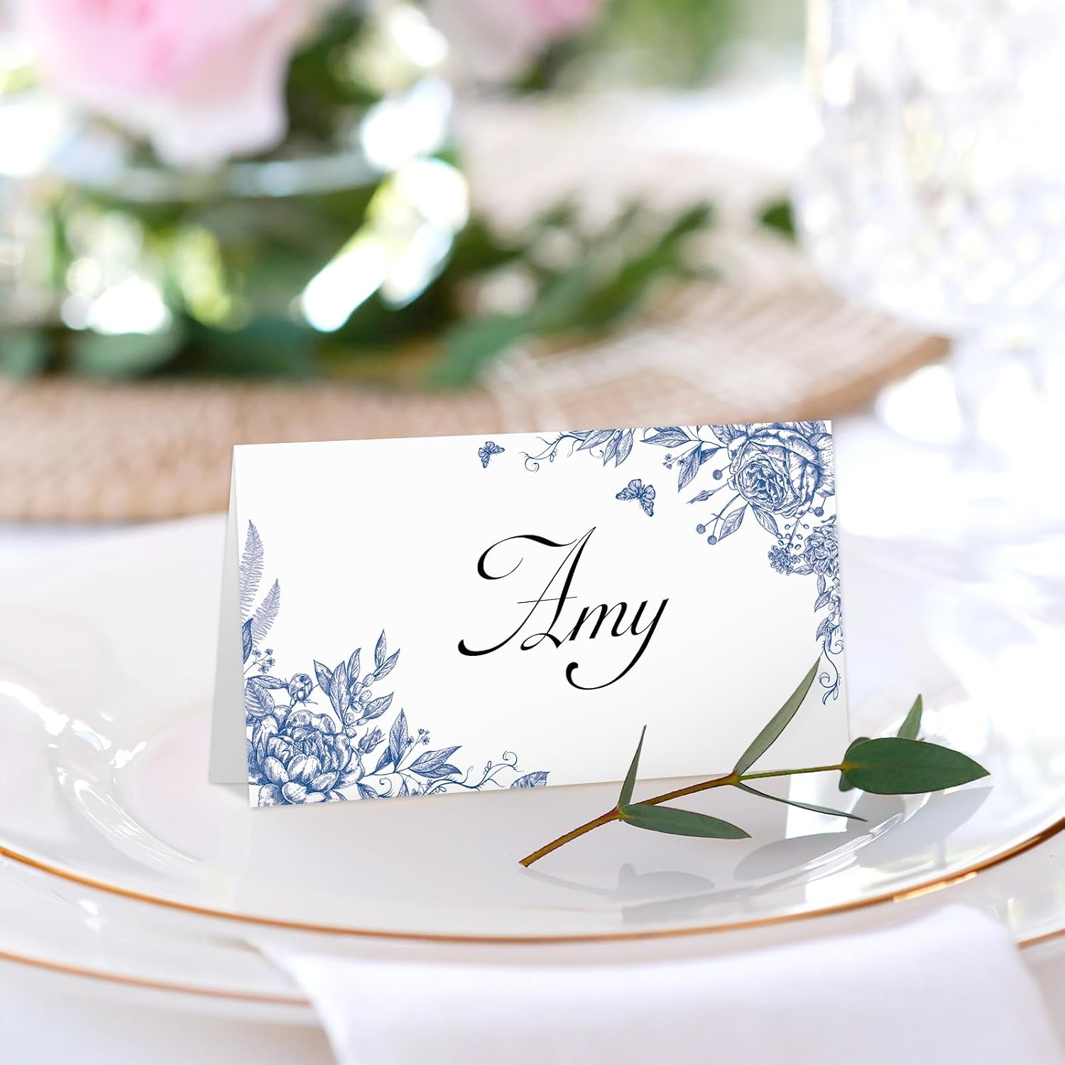 Whaline 100 Pcs Blue Floral Place Cards 2 x 3.5 Inch Tented Name Cards Chinoiserie Rose Flower Blank Seat Assignment Labels for Wedding Bridal Baby Shower Birthday Party Table Setting Supplies