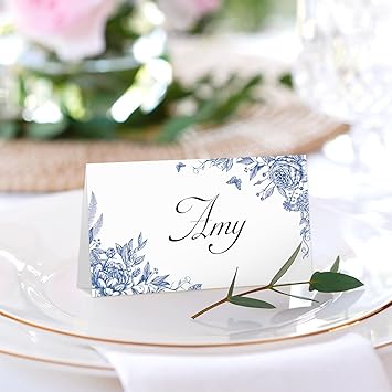 Whaline 100 Pcs Blue Floral Place Cards 2 x 3.5 Inch Tented Name Cards Chinoiserie Rose Flower Blank Seat Assignment Labels for Wedding Bridal Baby Shower Birthday Party Table Setting Supplies