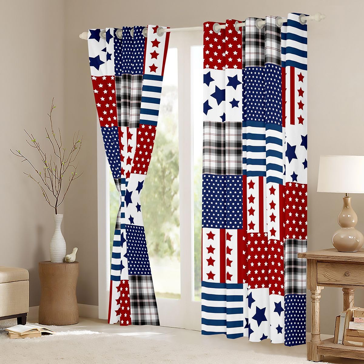 Lot de 2 rideaux de fenêtre patriotiques - Taille XXL - 260 x 140 cm - Étoiles et rayures - Imprimé patchwork - Rideaux occultants - Motif géométrique - Bleu marine - Pour adultes et enfants