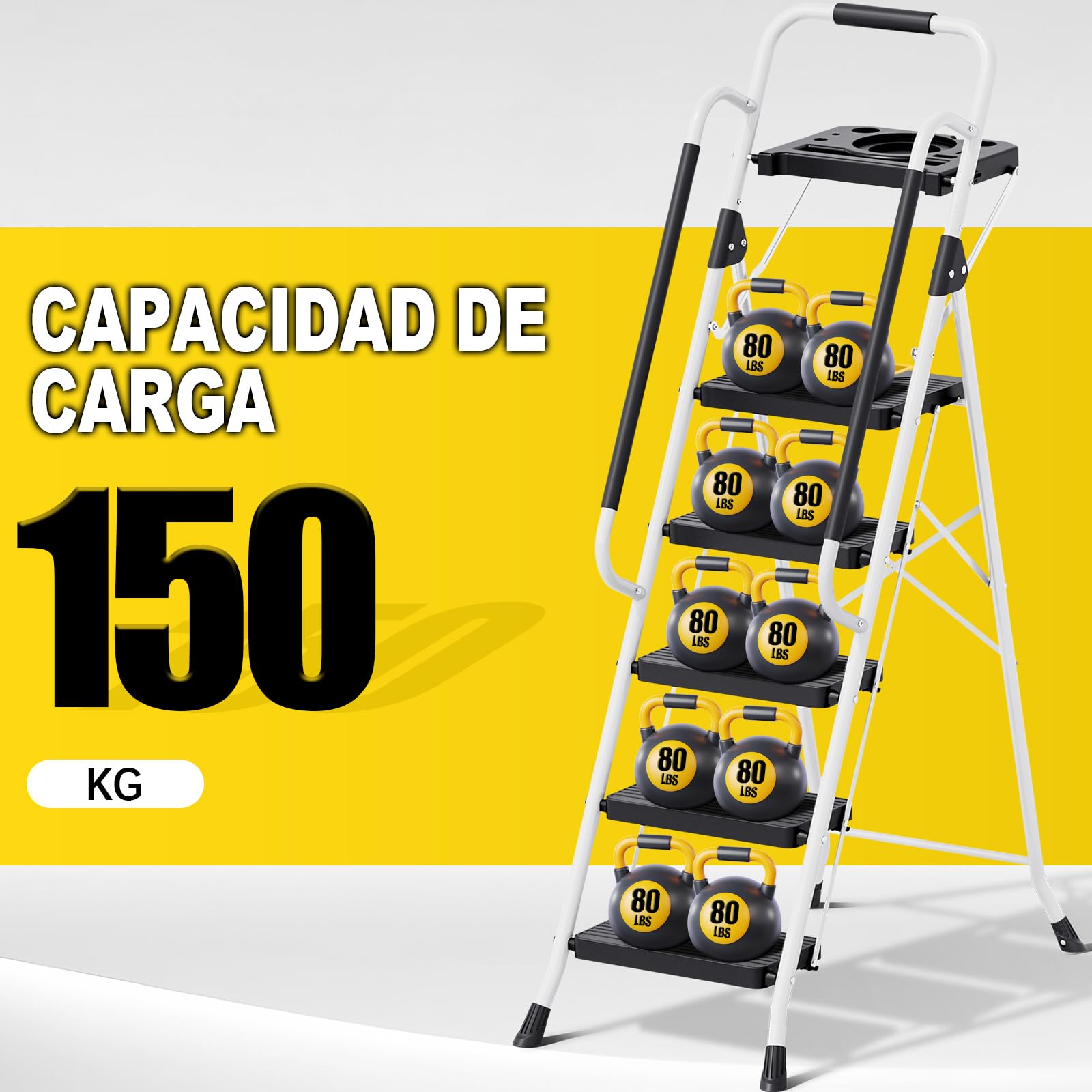 KINGRACK Escalera Plegable 5 Peldaños, Carga hasta 150 kg, con Bloqueo de Seguridad, Pedales Anchos Antideslizantes, Pasamanos, Bandeja de Herramientas Escalera Doméstica Hogar Oficina Armarios Blanco