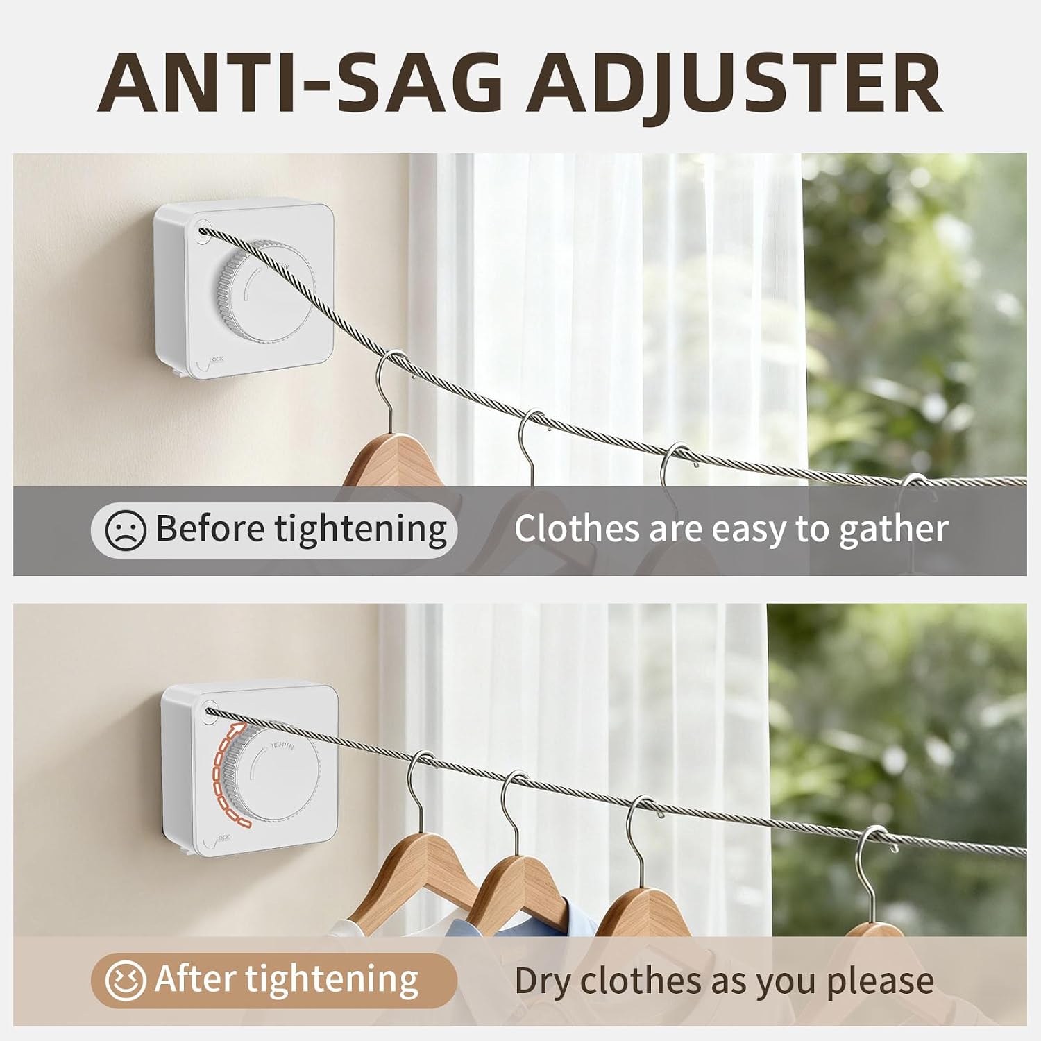 Anti-Sag Retractable Clothesline 40LB Capacity - 201in Stainless Steel Laundry Line for Indoor Outdoor, Wall Mounted Space Saving Easy Install (White, Single line)