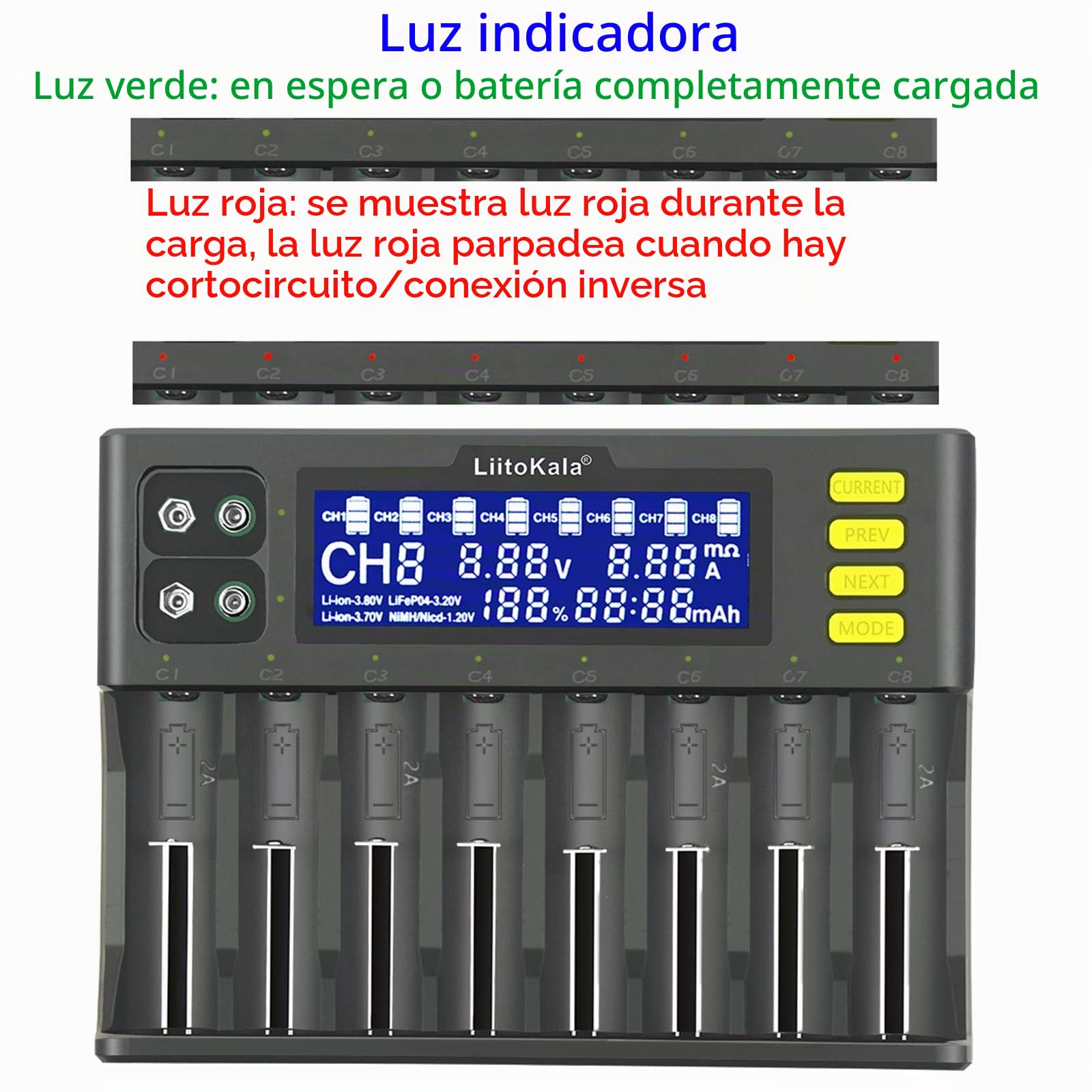 Docooler Cargador de Batería Lones de Litio de 3,7 V / 3,8 V IMR de 3,2 V Batería Ni-MH de 1,2 V LiitoKala LII-S8 para 18650 26650 21700 26700 AA AAA