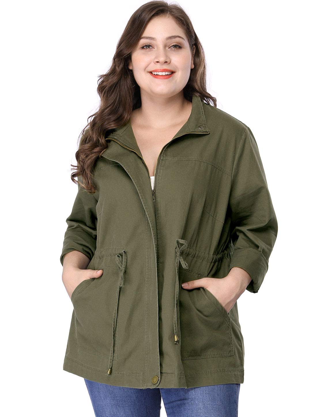 Agnes OrindaWomen's Plus Size Jackets Lightweight Anorak Drawstring Utility  Jacket with Pockets