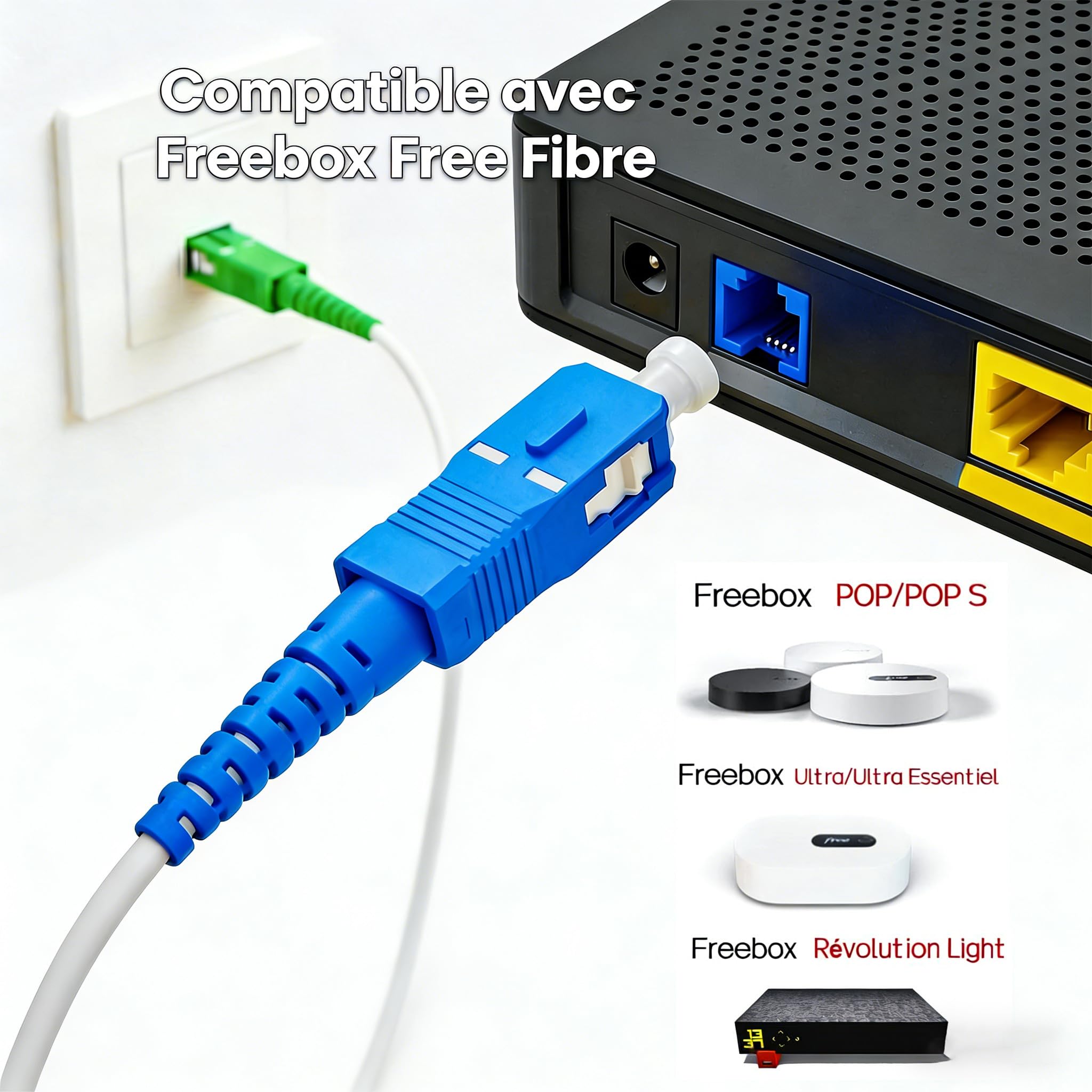 Elfcam® - Kabel światłowodowy/Przedłużacz (Freebox) - Jednomodowy SC-APC do SC-UPC - Wzmocniona osłona i złącze - Bardzo niezawodna utrata - Biały, 20M
