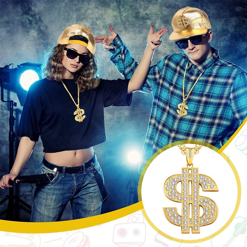 Set Accessori Rapper Costume Hip Hop Collana e Anello con Segno del Dollaro Bracciale in Oro Rapper Cappello e Occhiali da Sole Anni '80 '90 Accessori per Rapper